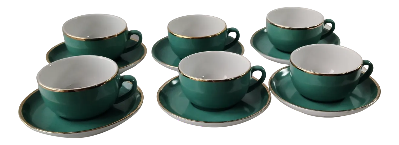 Vintage Coffee Cups in Turquoise Green Porcelain with Gold Detailing from  Mitterteich Bavaria, 1950s, Set of