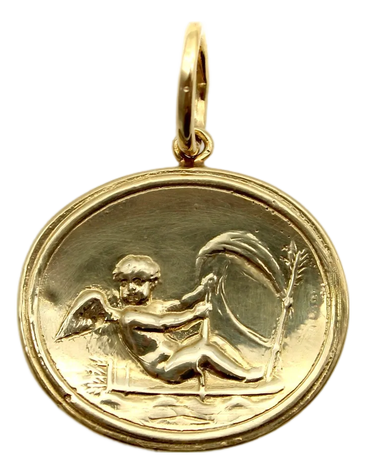 1990s 14k Gold Signature Classical Revival Cupid MedallionLive Edge Slabs 