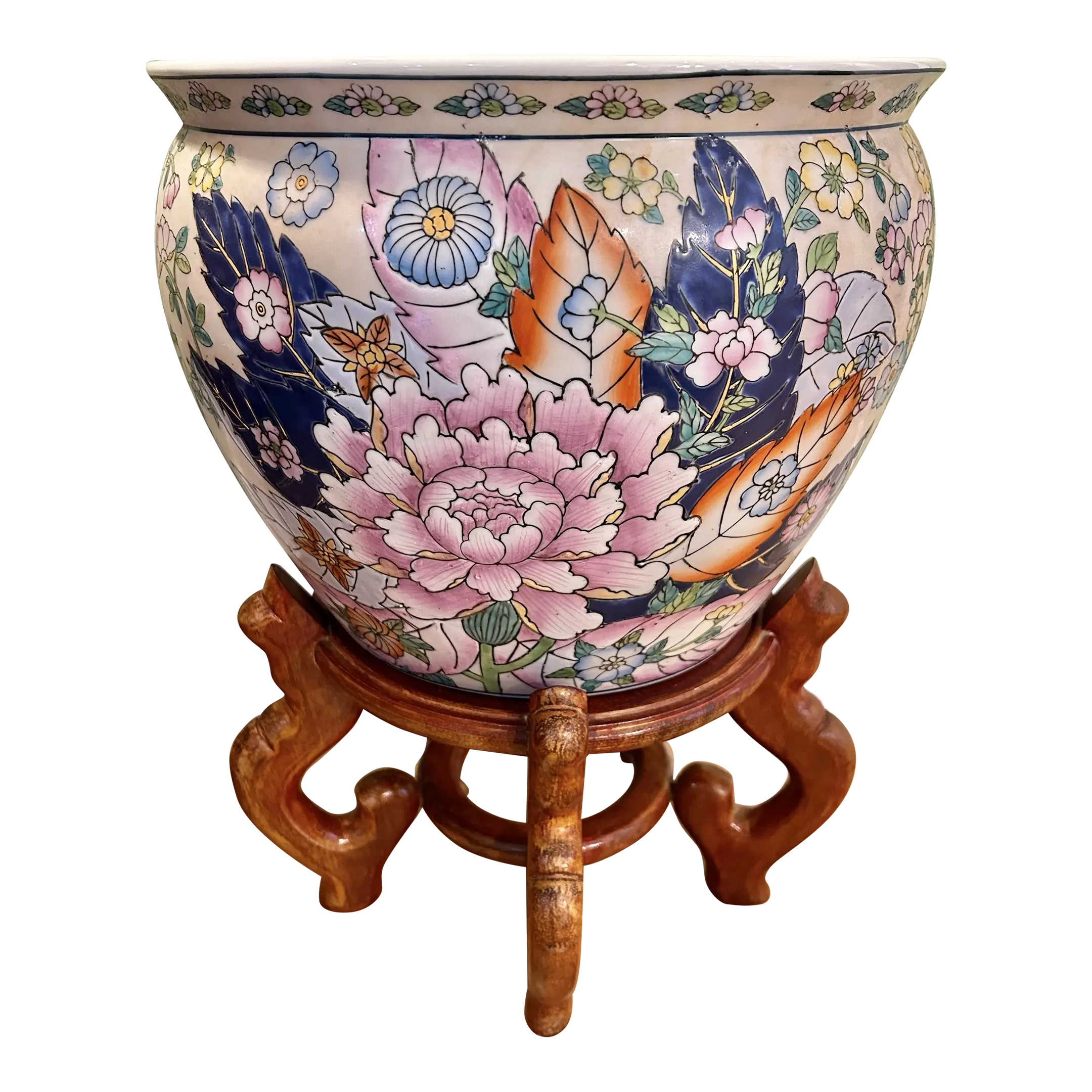 Mid 20th Century Chinoiserie Tobacco Leaf Fishbowl Planter