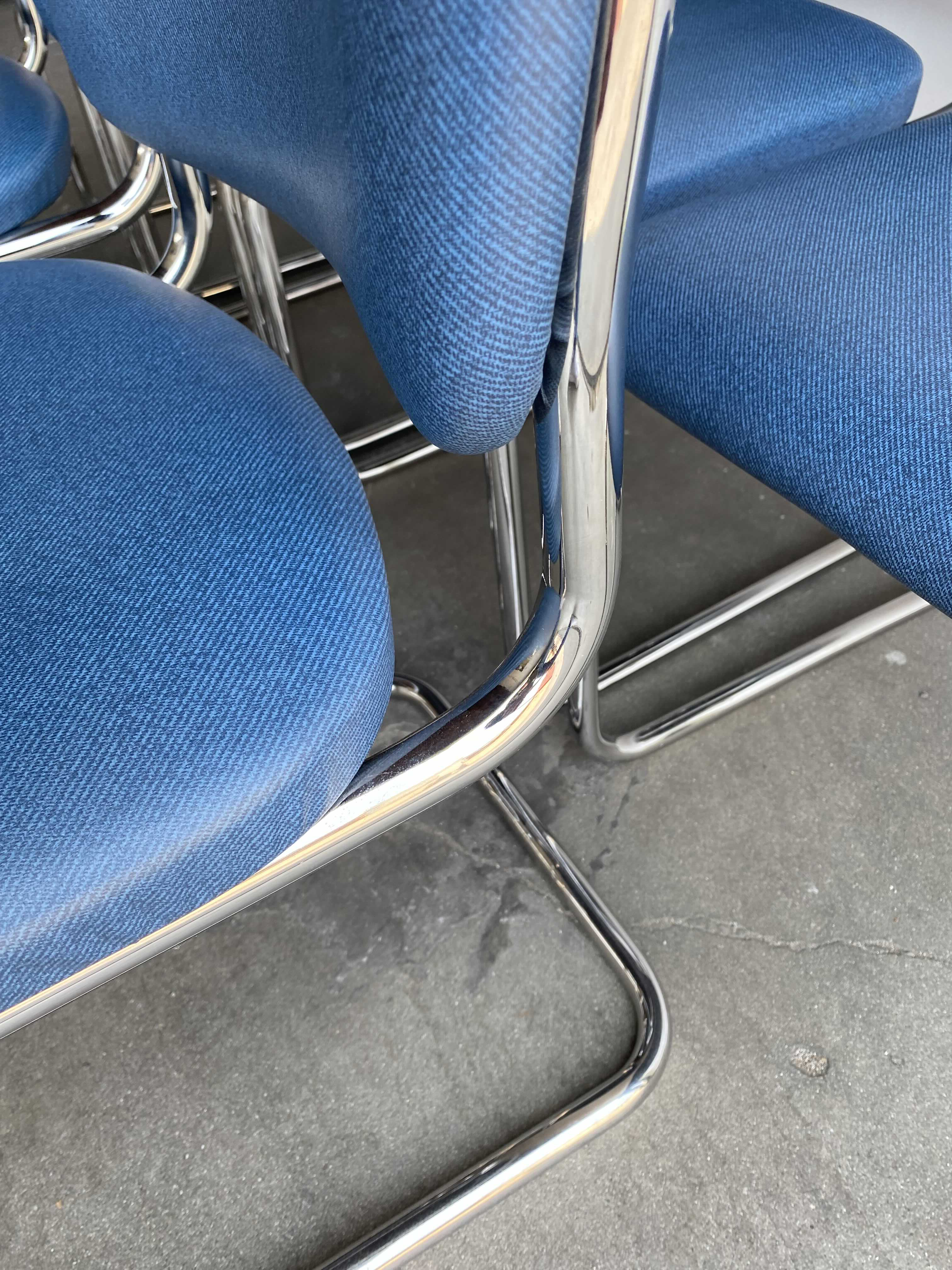 Vintage Blue Vinyl Tubular Chrome Frame Dining Chairs Set of Six