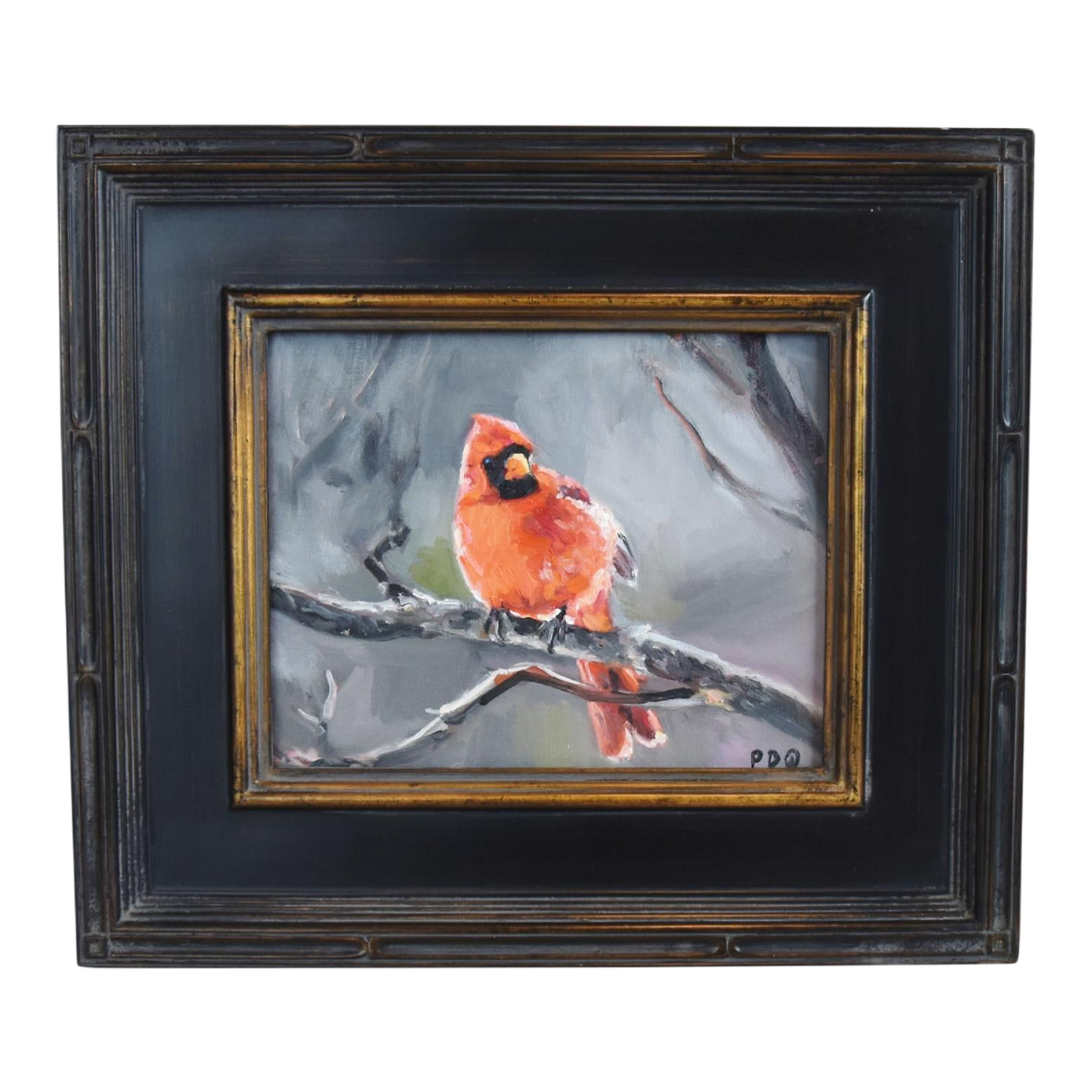 Red Cardinal Bird Impressionist Oil Painting Displayed in an Antiqued