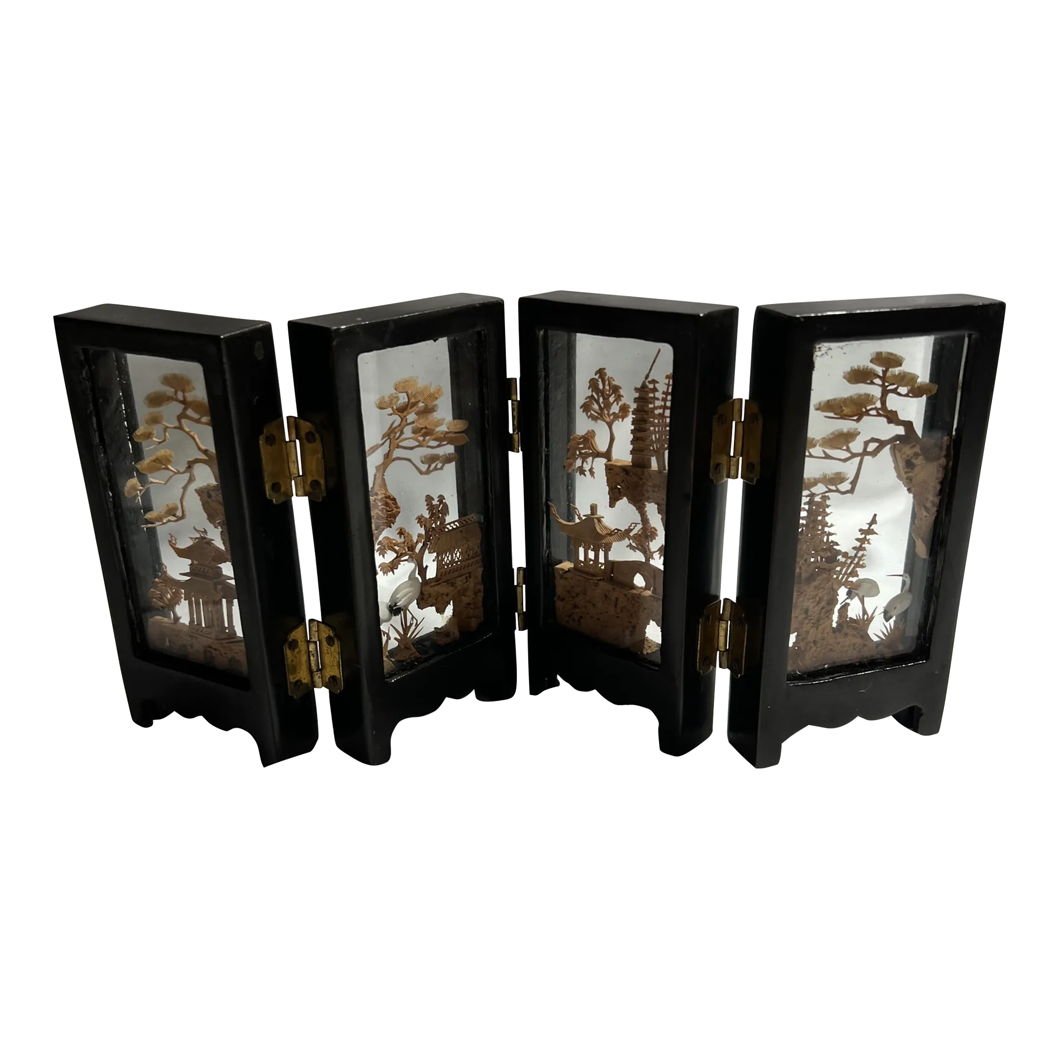 Chinoiserie Mini Folding Screen Cork Sculpture Asian Design | Chairish
