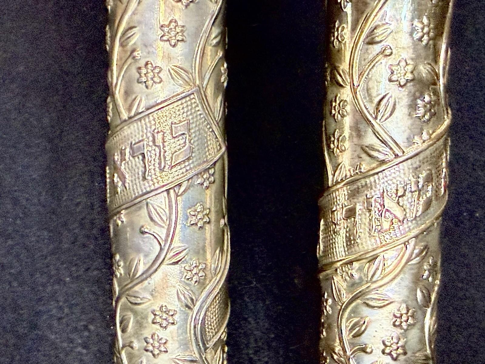 Mid 20th Century .925 STERLING SILVER BESAMIM MEZUZAH TORAH SCROLL CASE Judaica Hebrew Pair