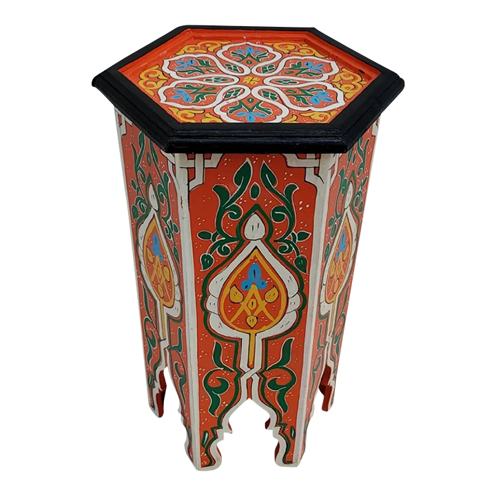 Moroccan Hexagonal Hand Painted Wooden Side Table in Orange Zouak