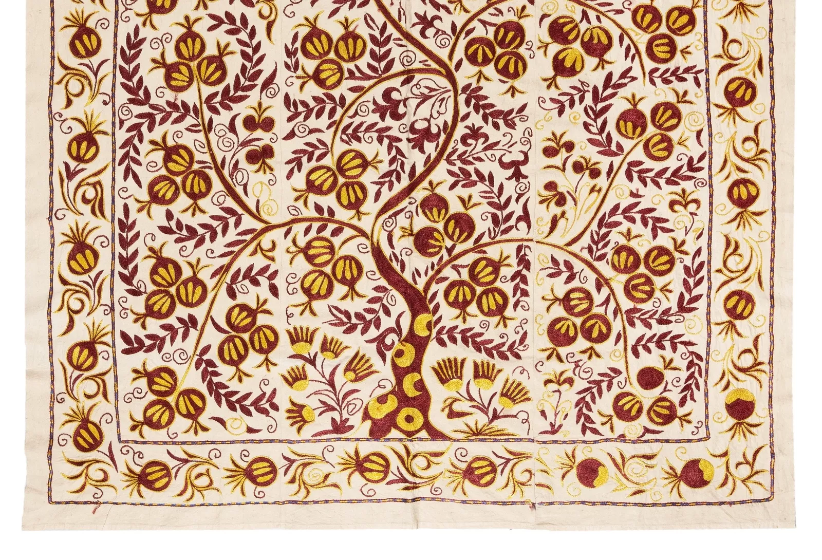 5x6.6 Ft Silk Suzani Pomegranate Tree Design Bed Cover, Embroidered Wall Hanging