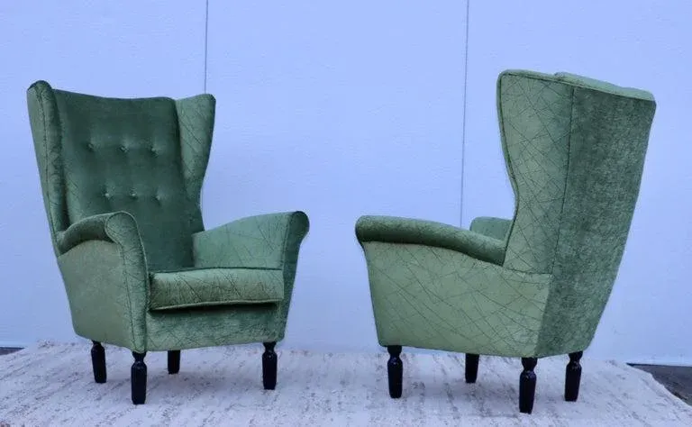 1950s Italian Velvet Wingback Lounge Chairs - A Pair