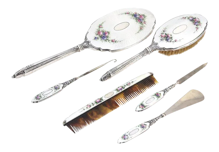 Sterling & Enamel Floral Dresser Set 6 Pieces Chairish