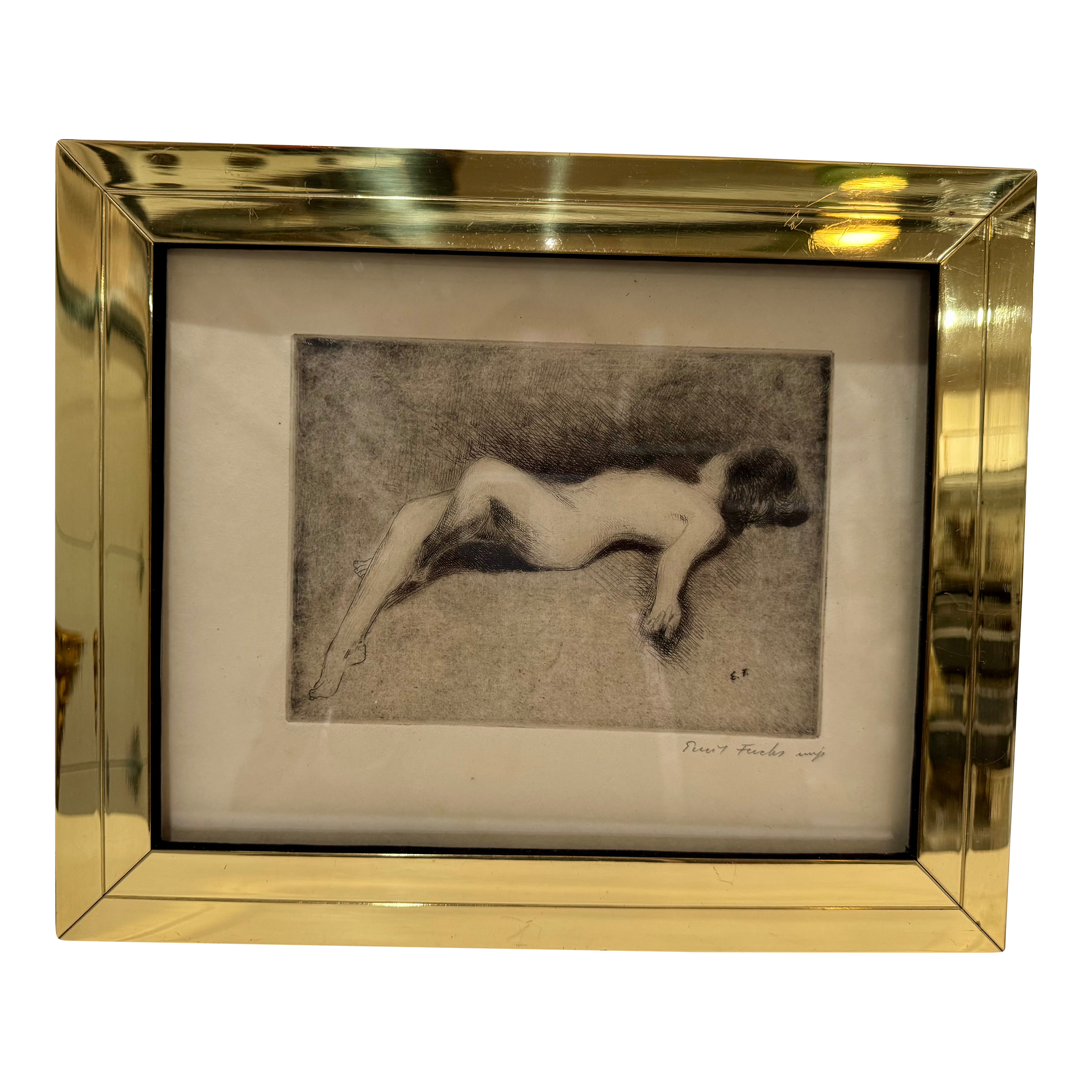 1940s Emil Fuchs Original Etching Reclining Female Nude Signed Austrian Art