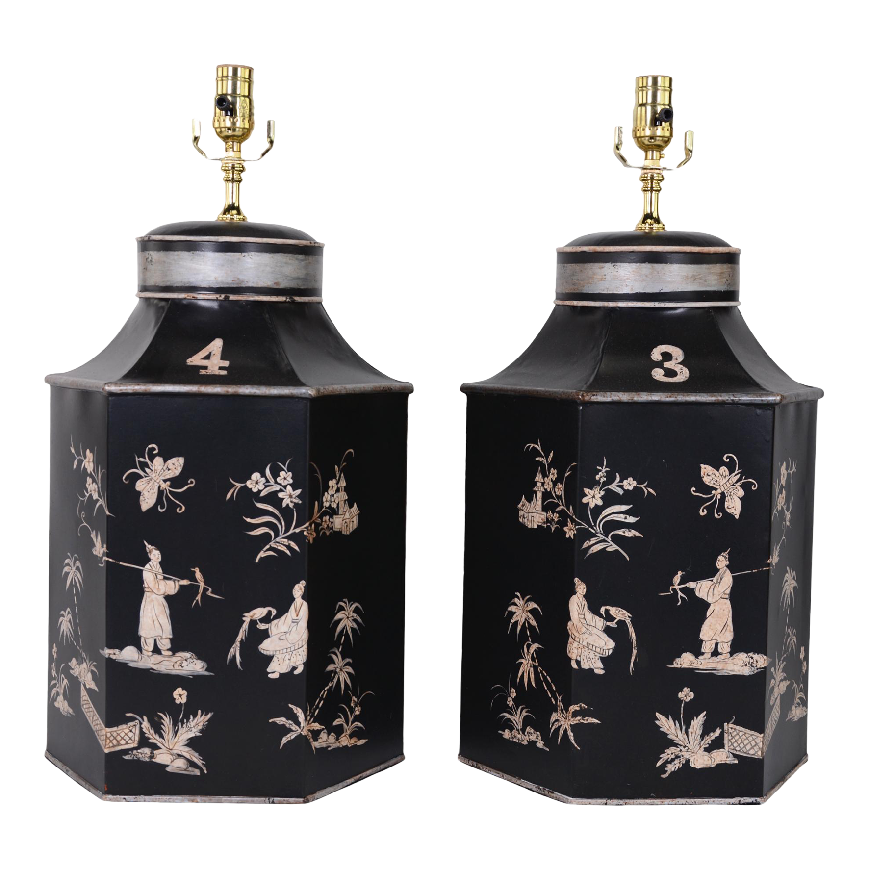 Pair of Vintage British Chinoiserie Black and White Hexagonal Hand-Painted Tolle Tea Can Table Lamps