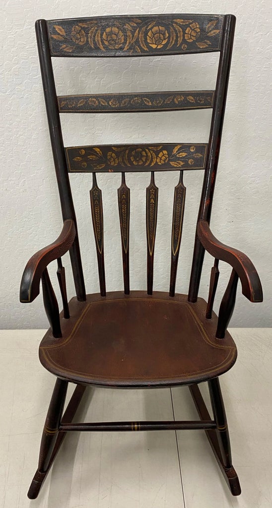 直筆サイン入りFragile Rocking Chair君の花 Mid 19th Century Hand Painted & Stenciled American Windsor Rocking