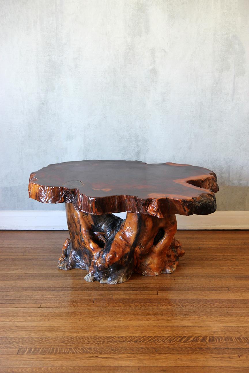 1980s Lacquered Live Edge Specimen Burl Coffee Table With Root