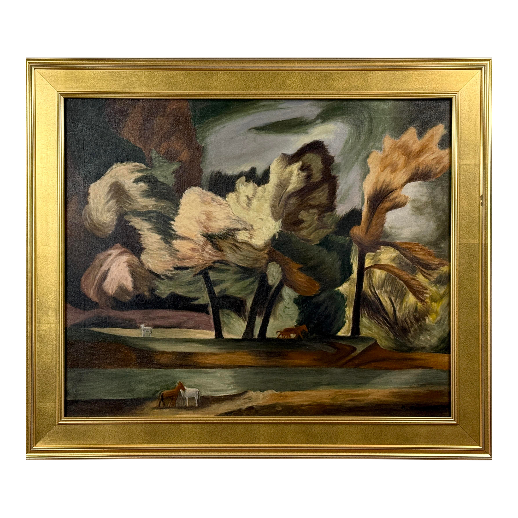 Vintage Expressionist Landscape With Horses, Signed (Oil on Canvas)