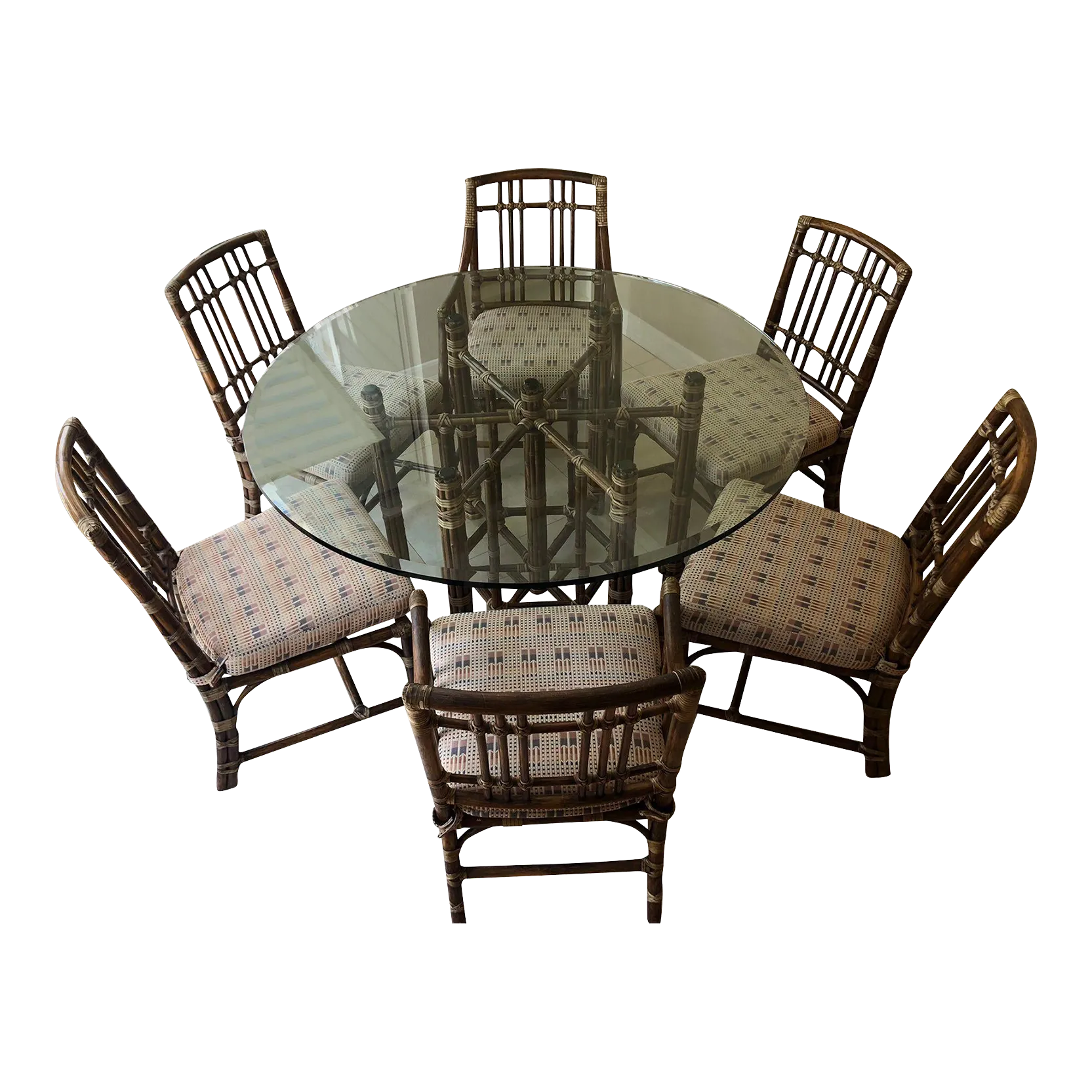Vintage McGuire Bamboo Leather Dining Room Table and Six Chairs Set