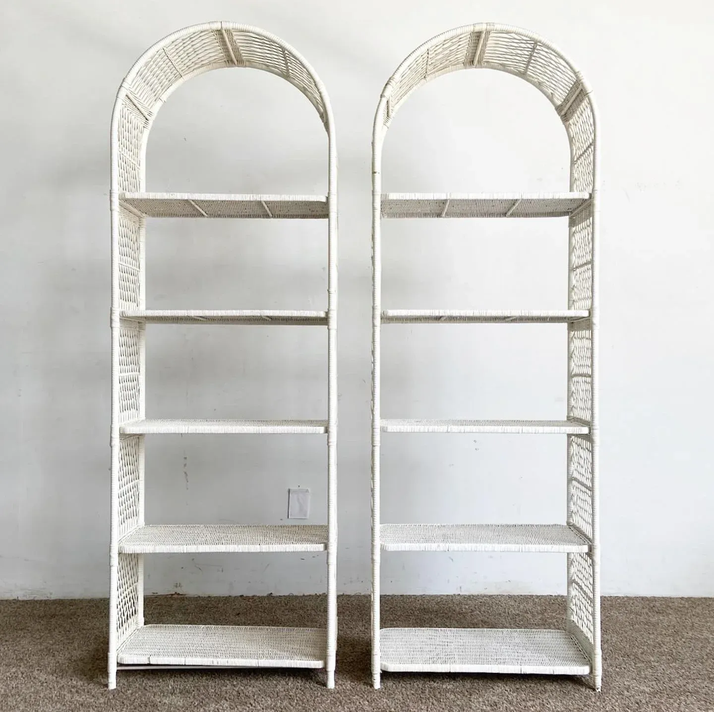 Boho Chic Arch Top White Wicker Rattan Etageres a Pair Chairish