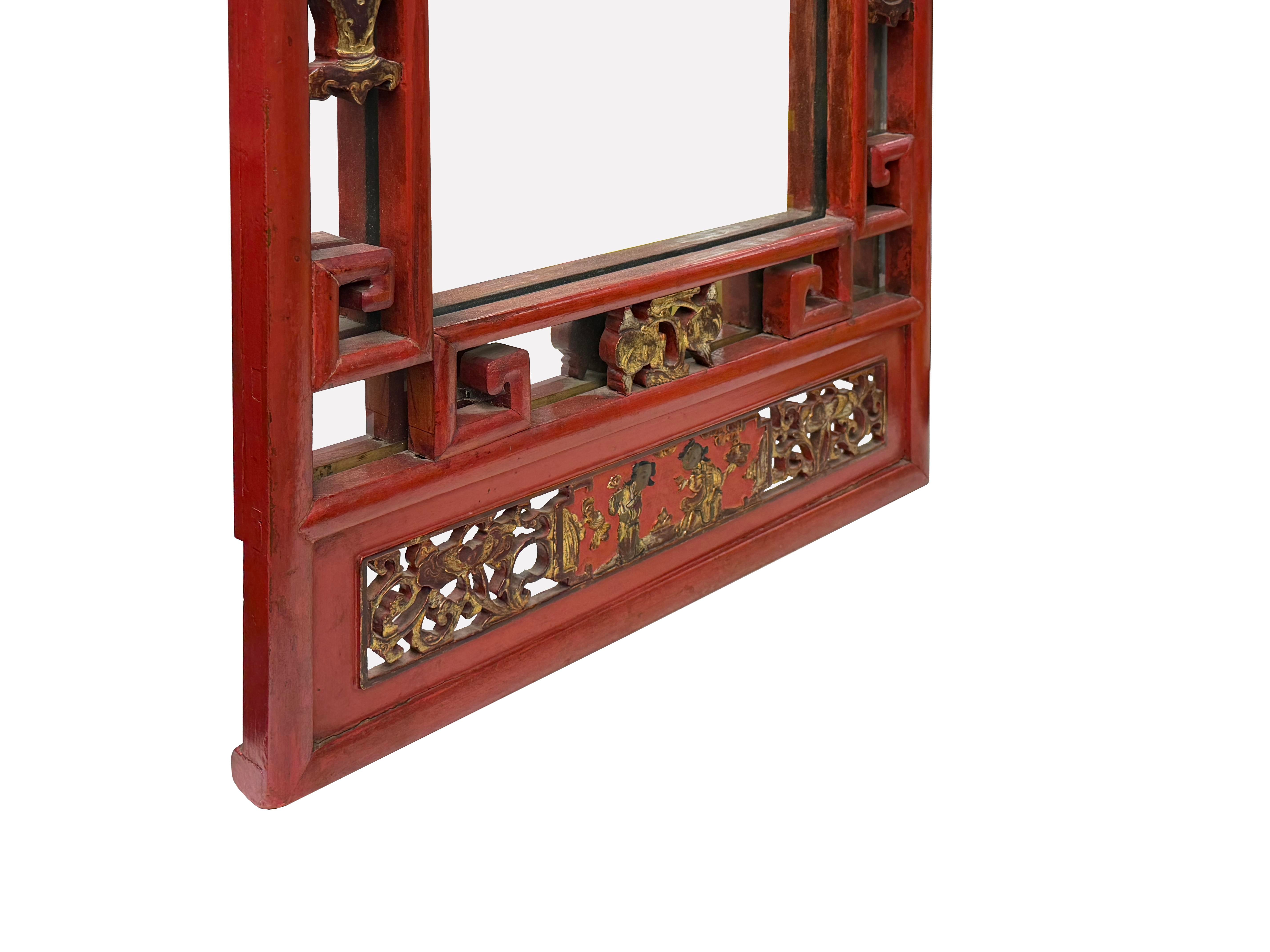 Vintage Red Gold Carving Rectangular Wood Framed Mirror