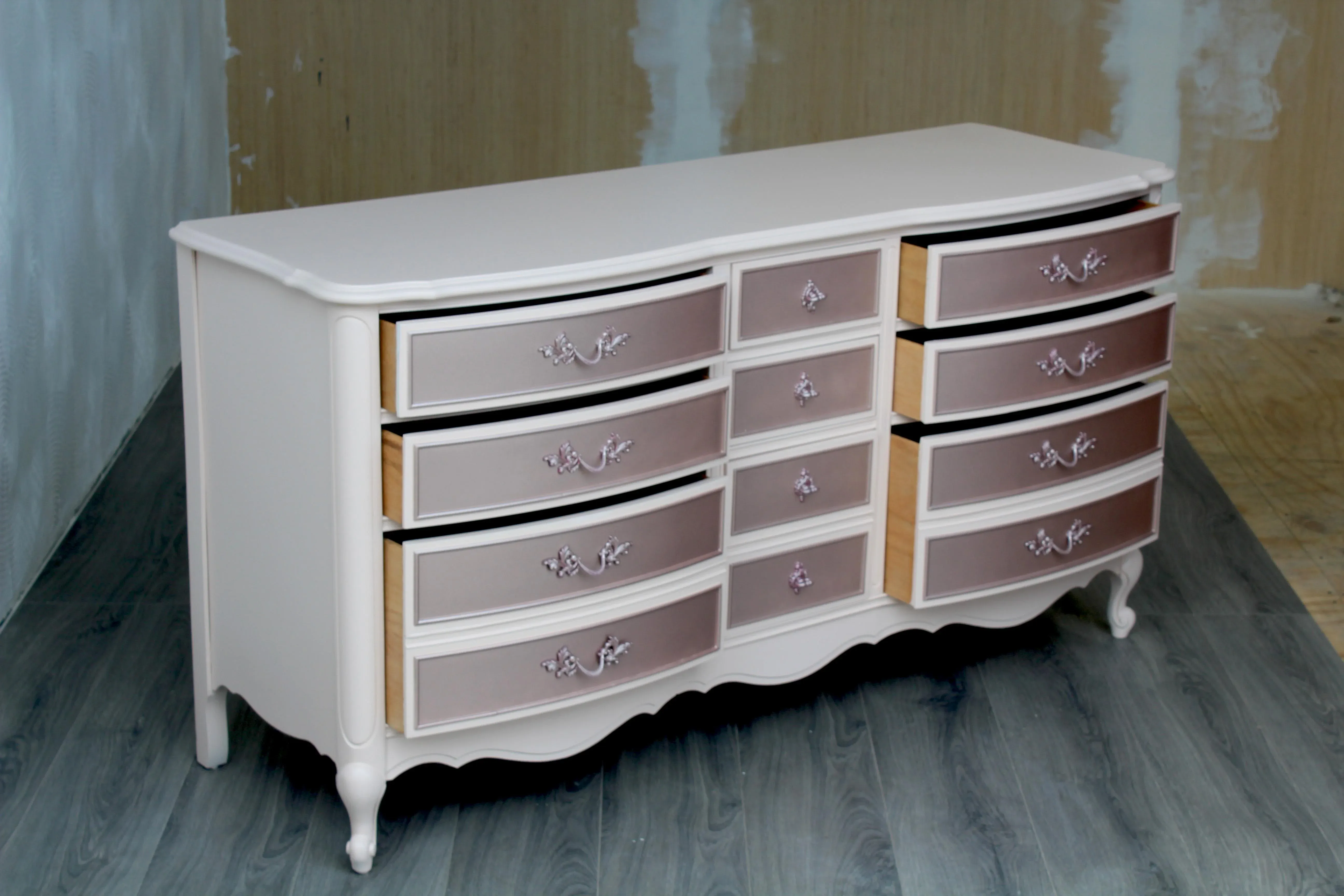 1970\'s French Provincial Champaign Pink Dresser With Rose Gold Painted  Accents