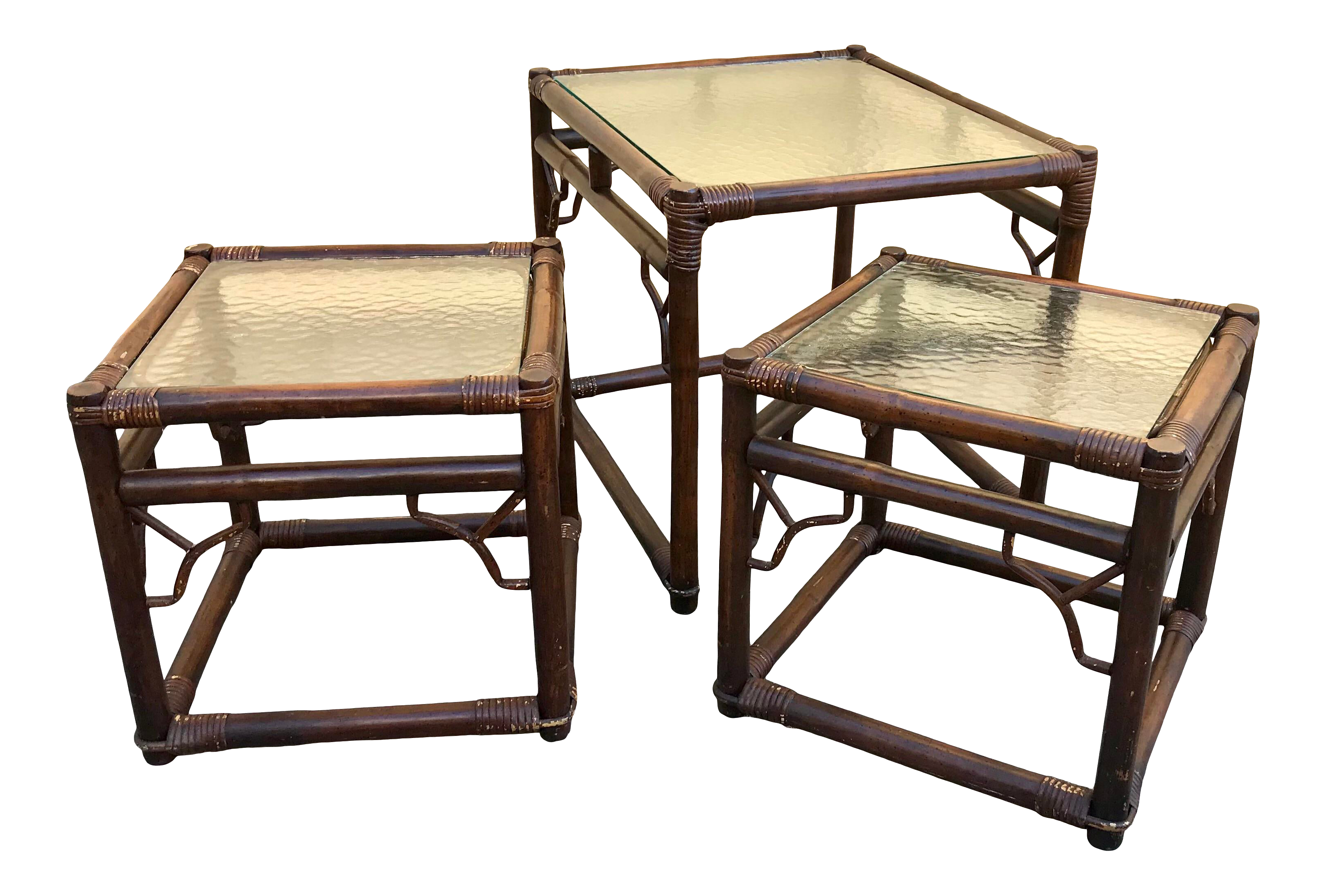 Vintage Brown Bamboo Rattan Glass Top Asian Style Tables Set Of Three Chairish