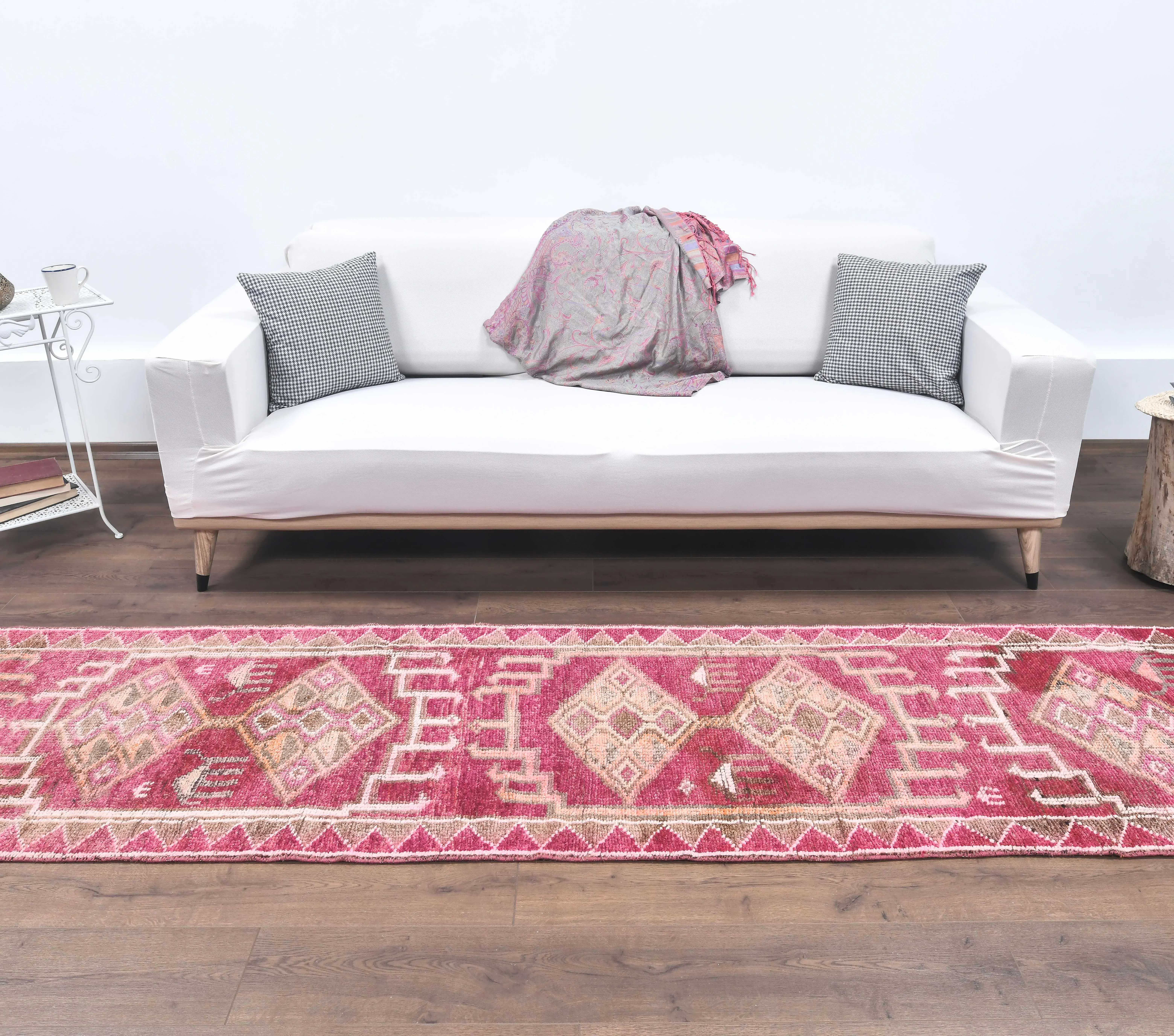 Vintage Pink Geometric Turkish Hand-Knotted Runner