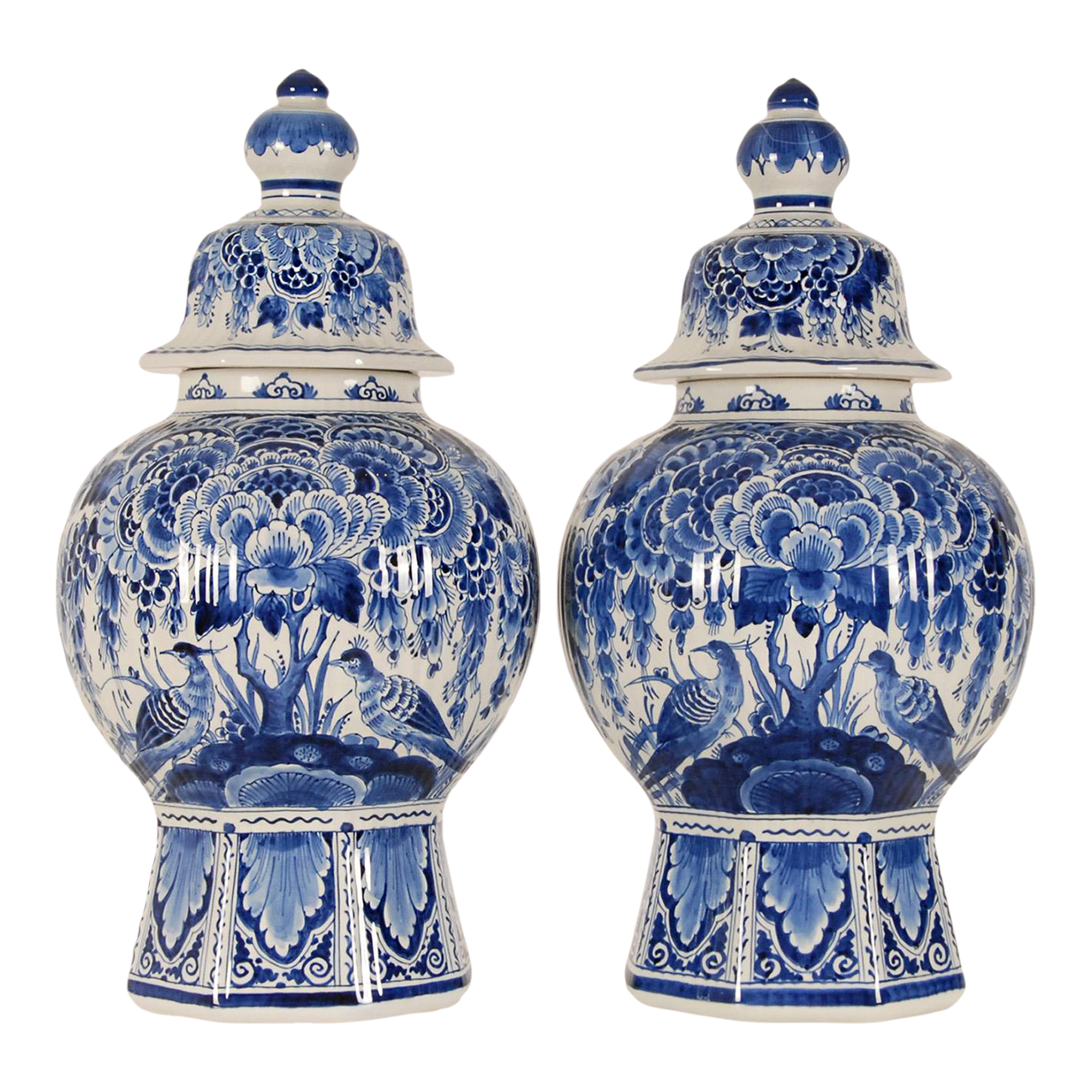 Vintage Royal Delft Chinoiserie Covered Baluster Vases Blue White