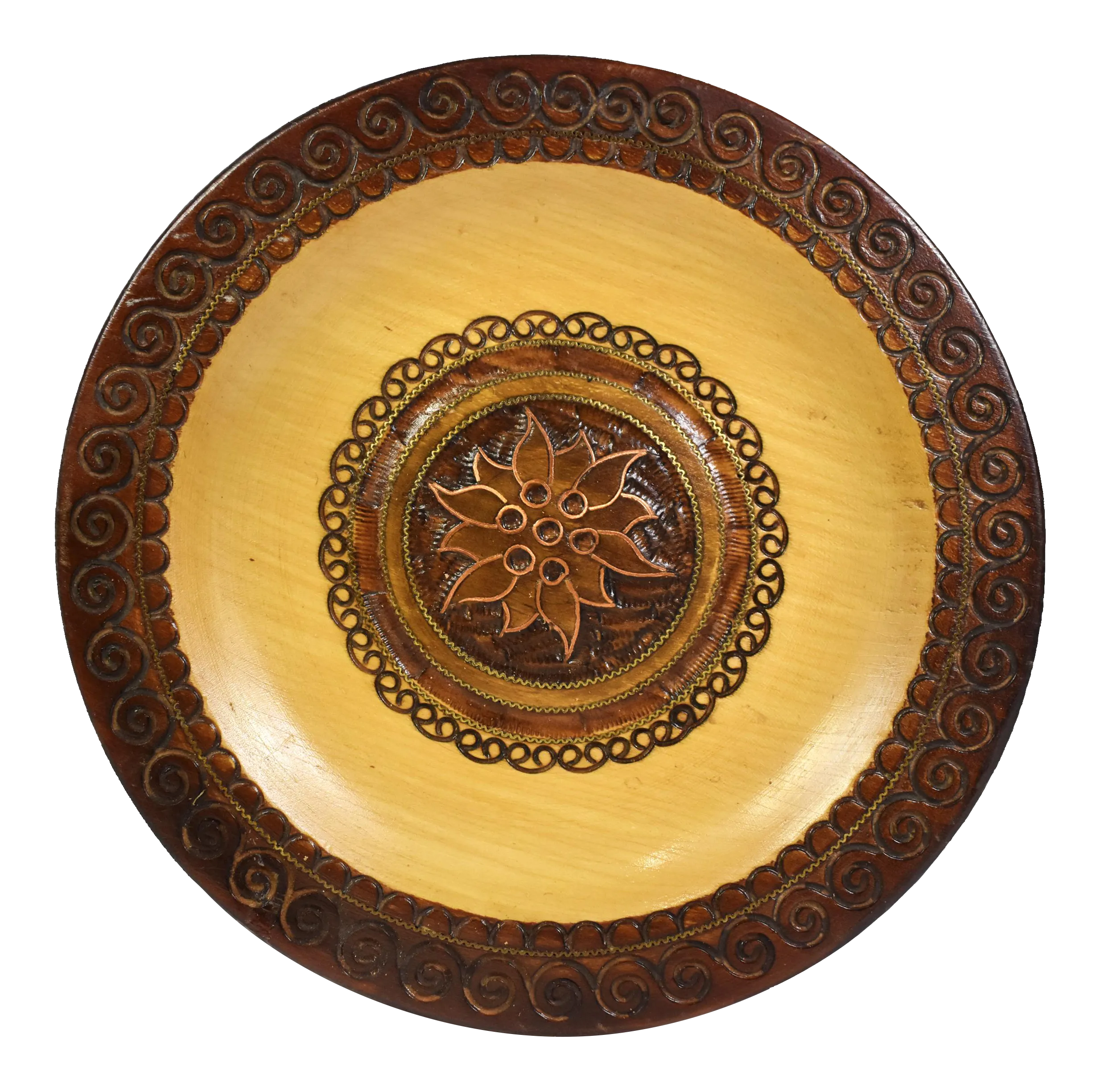 Vintage Hand Carved Wooden Plate with Inlaid Brass and Copper