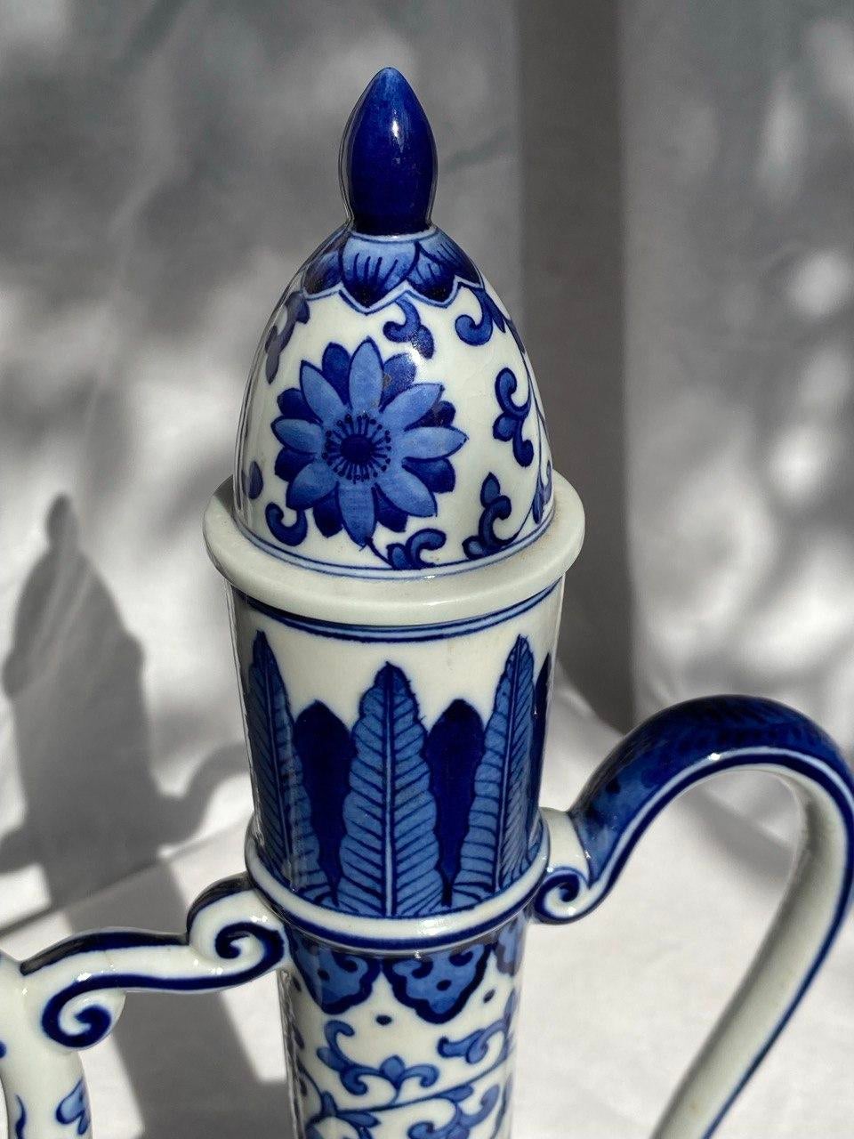 Mid 20th Century Blue & White Dragon Ewer With Yongzheng Mark – Tall Lidded Chinese Porcelain Pitcher