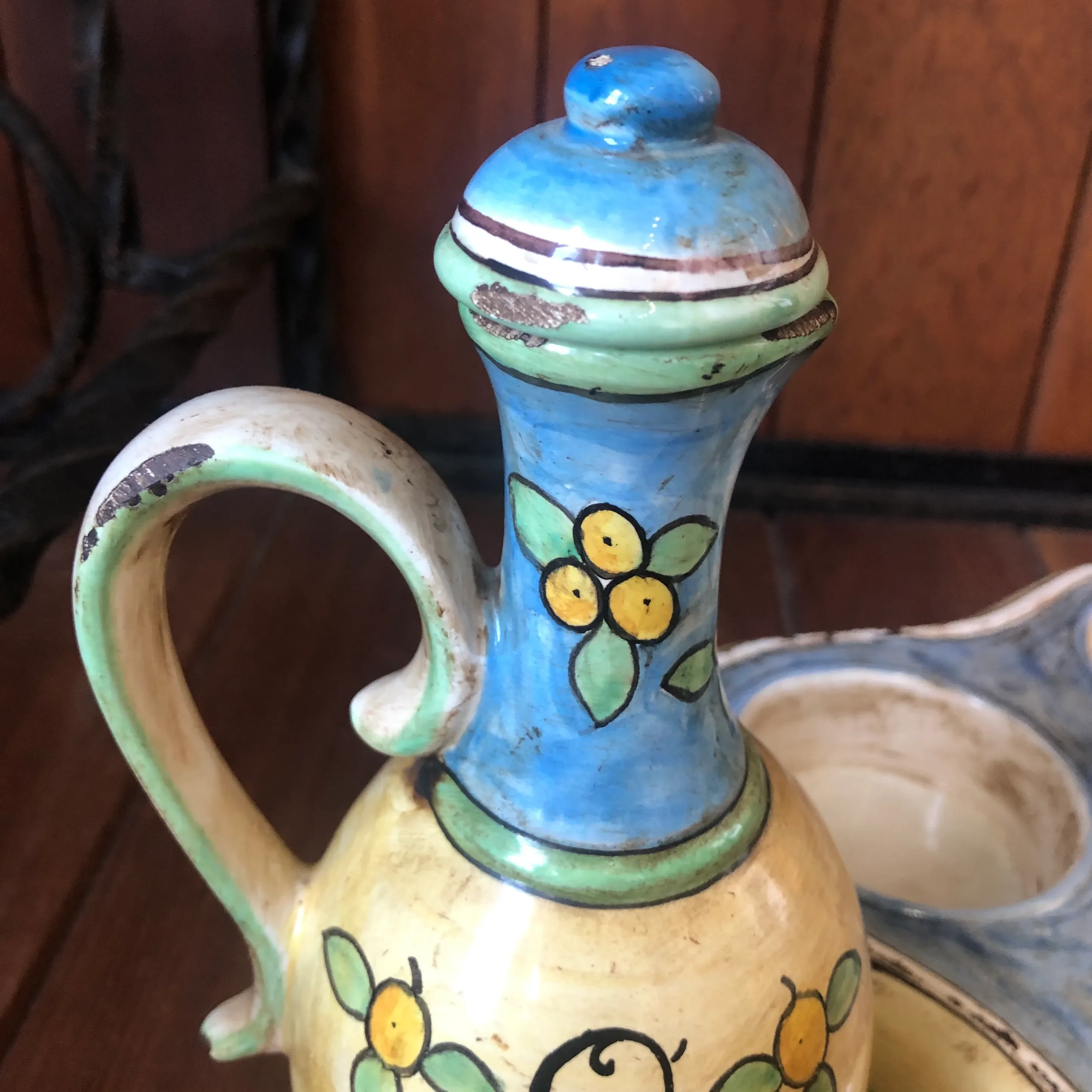 1990s Italian Hand Painted Ceramic Oil, Vinegar, Salt and Pepper Cestino