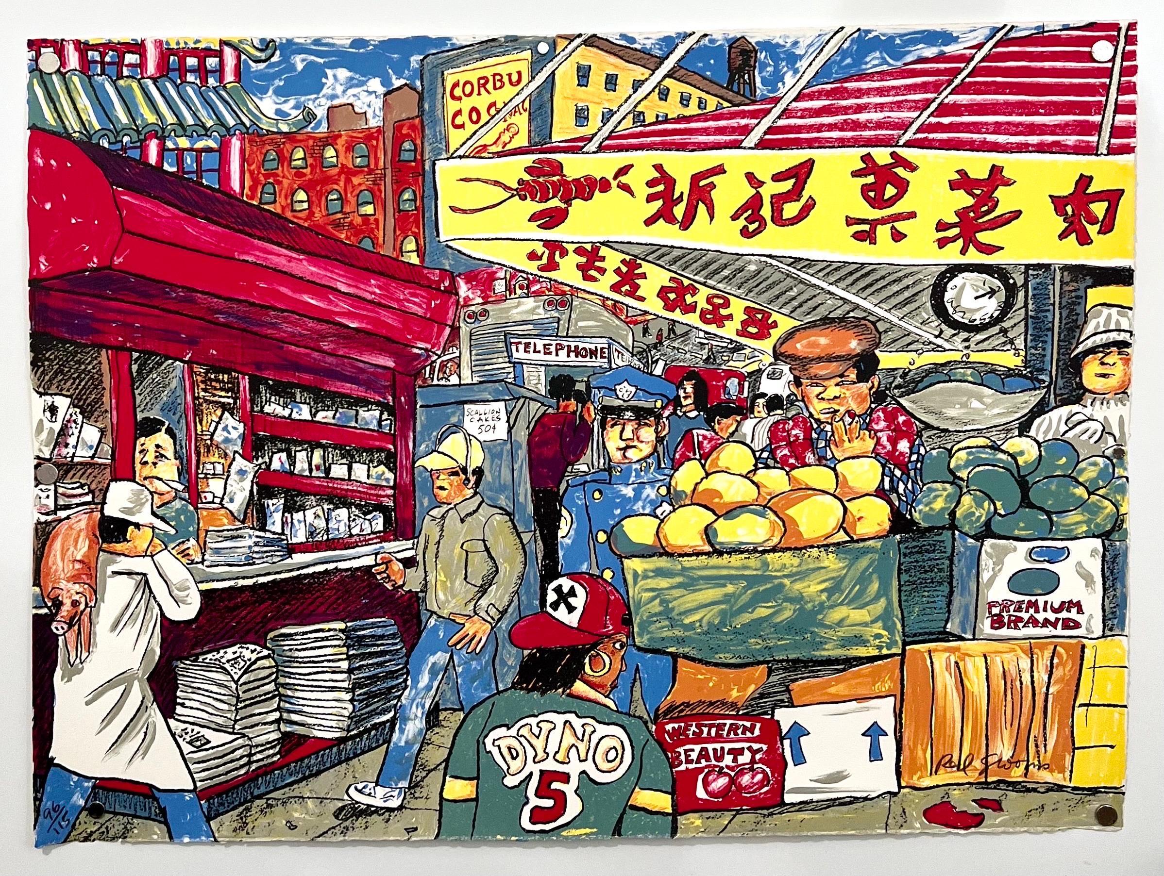 Red Grooms, Red Grooms Canal St Chinatown Manhattan New York City Lithograph Cartoon Pop Art, 1993