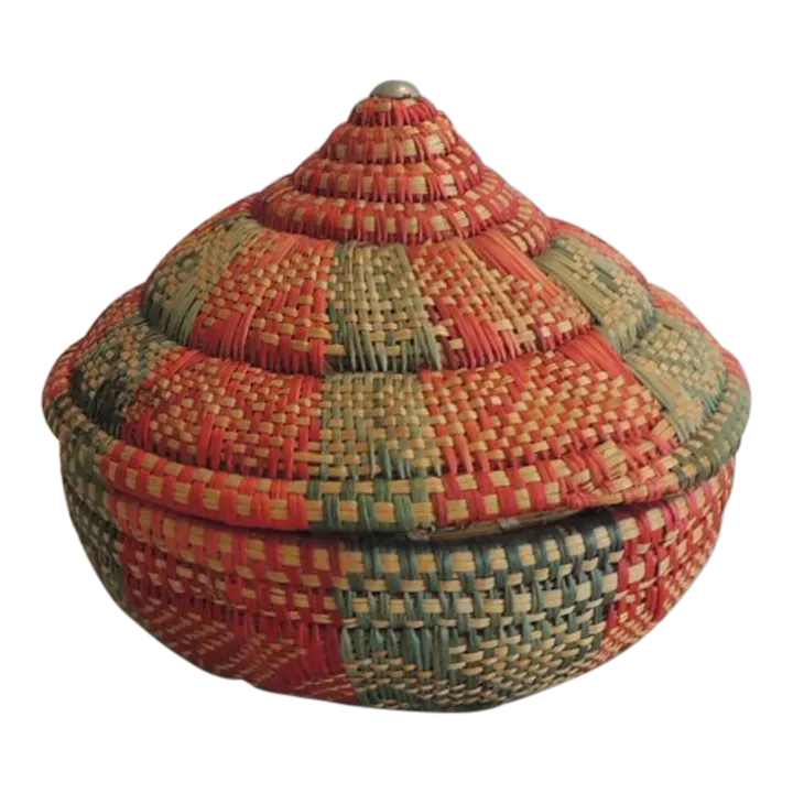 Small Round Colorful Woven Basket With Lid | Chairish