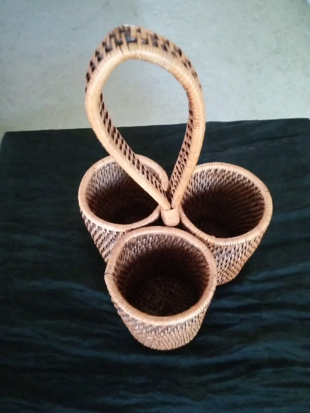 1980s Woven Rattan 3-Part Cutlery Holder