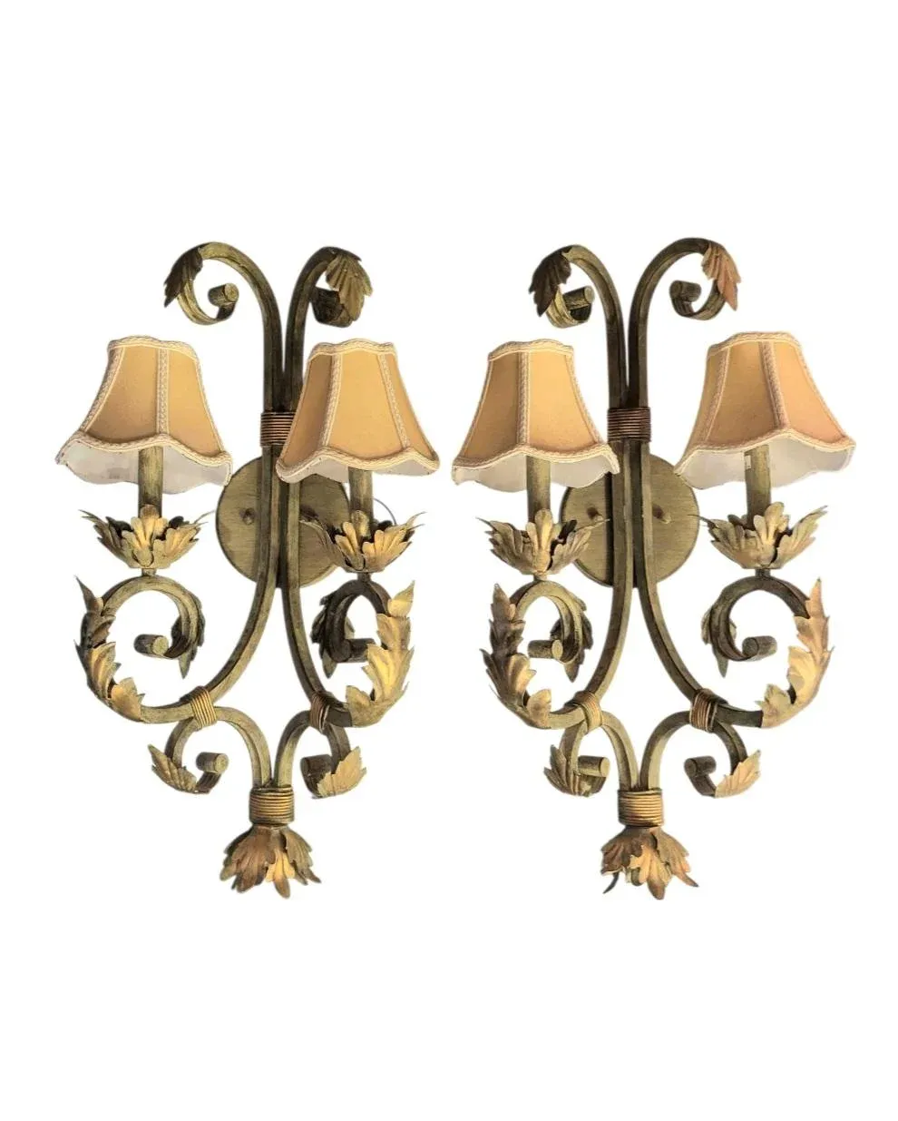 Vintage Iron Dusty Green/Gold Large Palm Beach Regency Leaf Wall Lamps Sconces Fixtures- A Pair