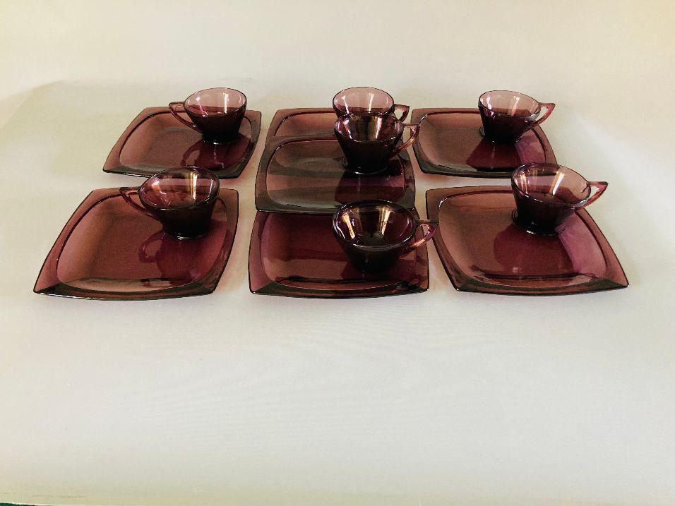 Vintage Hazel Atlas Purple Glass Snack Plates and Cups 14