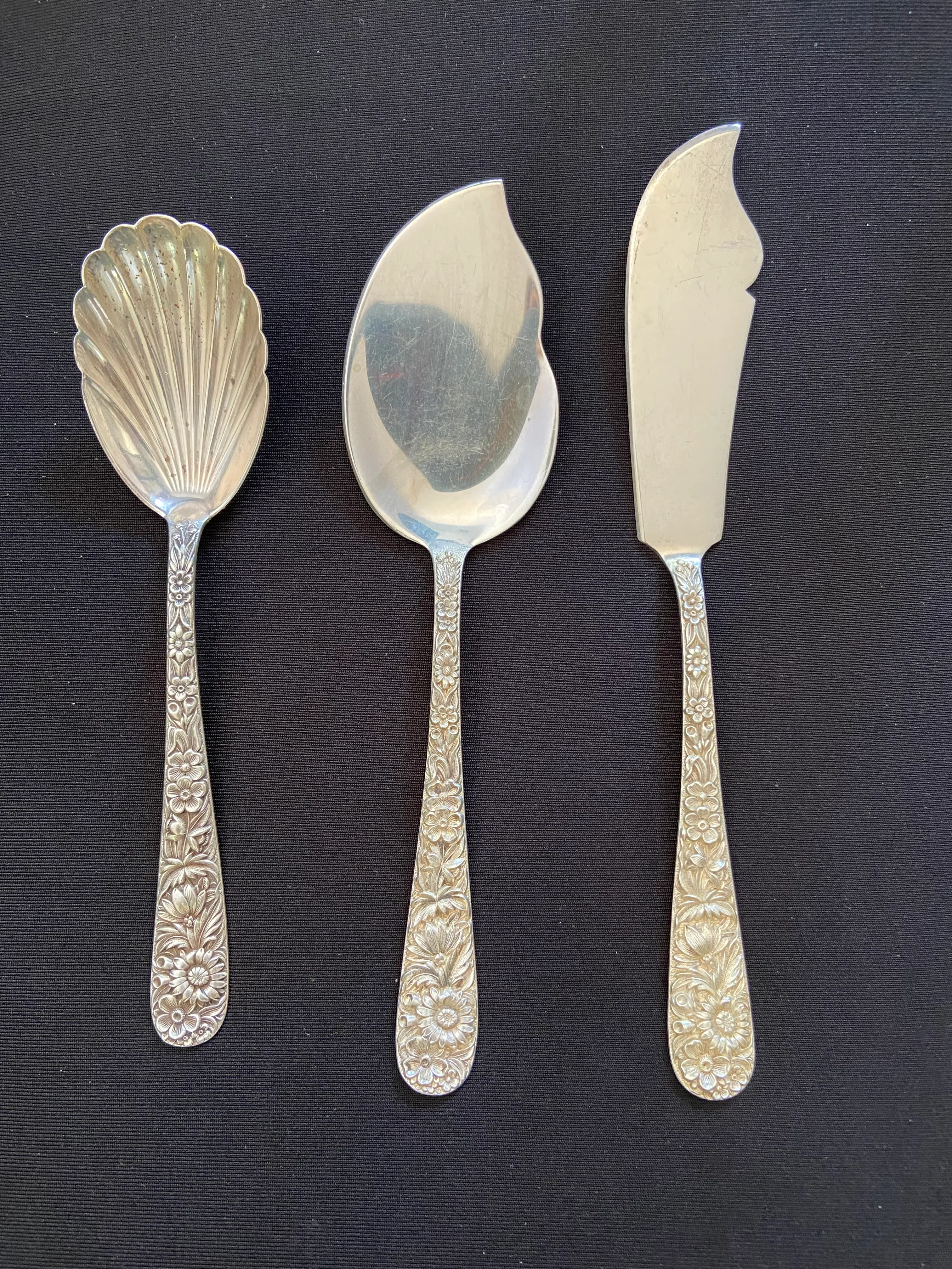 1950s Kirk Son Sterling Silver Repousse Flatware Service for
