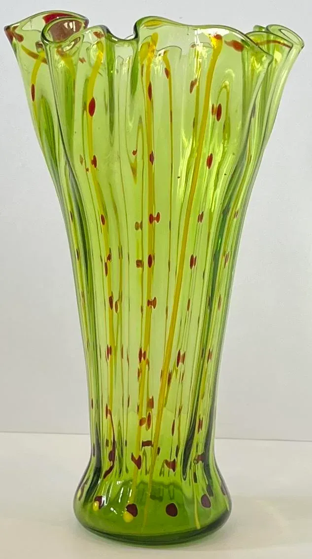 Vintage Art Glass Green Yellow Striped Vase