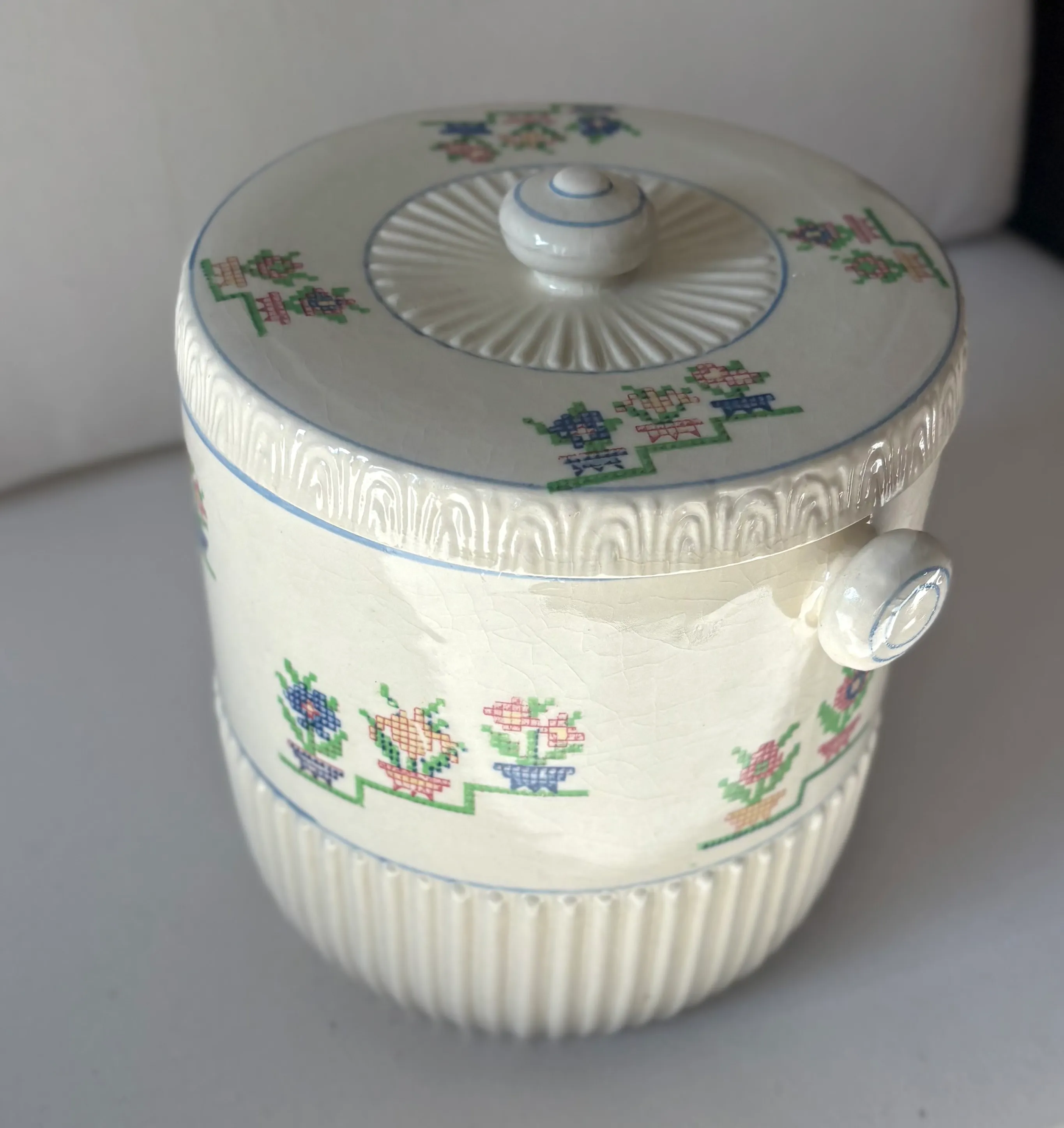 1940’s Trompe L’oeil Needlepoint Japanese Ceramic Biscuit Jar