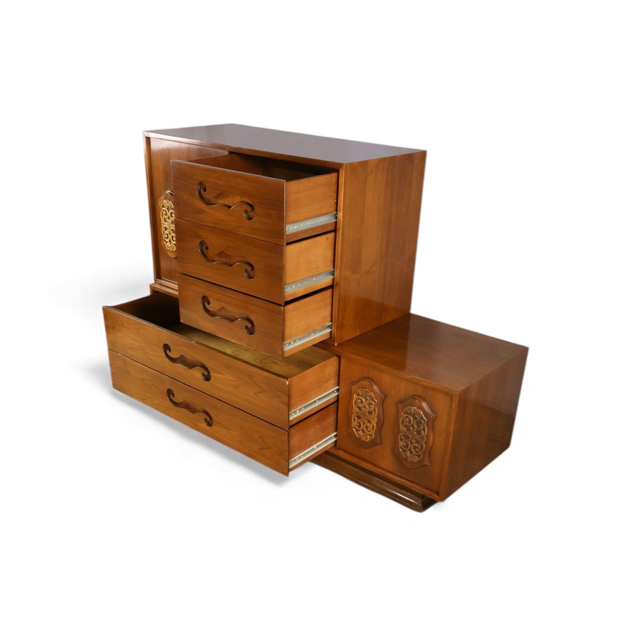 Attributed to Young Manufacturing Vintage Mid Century Modern Brutalist  Spanish Revival 2 Piece Highboy Dresser C.
