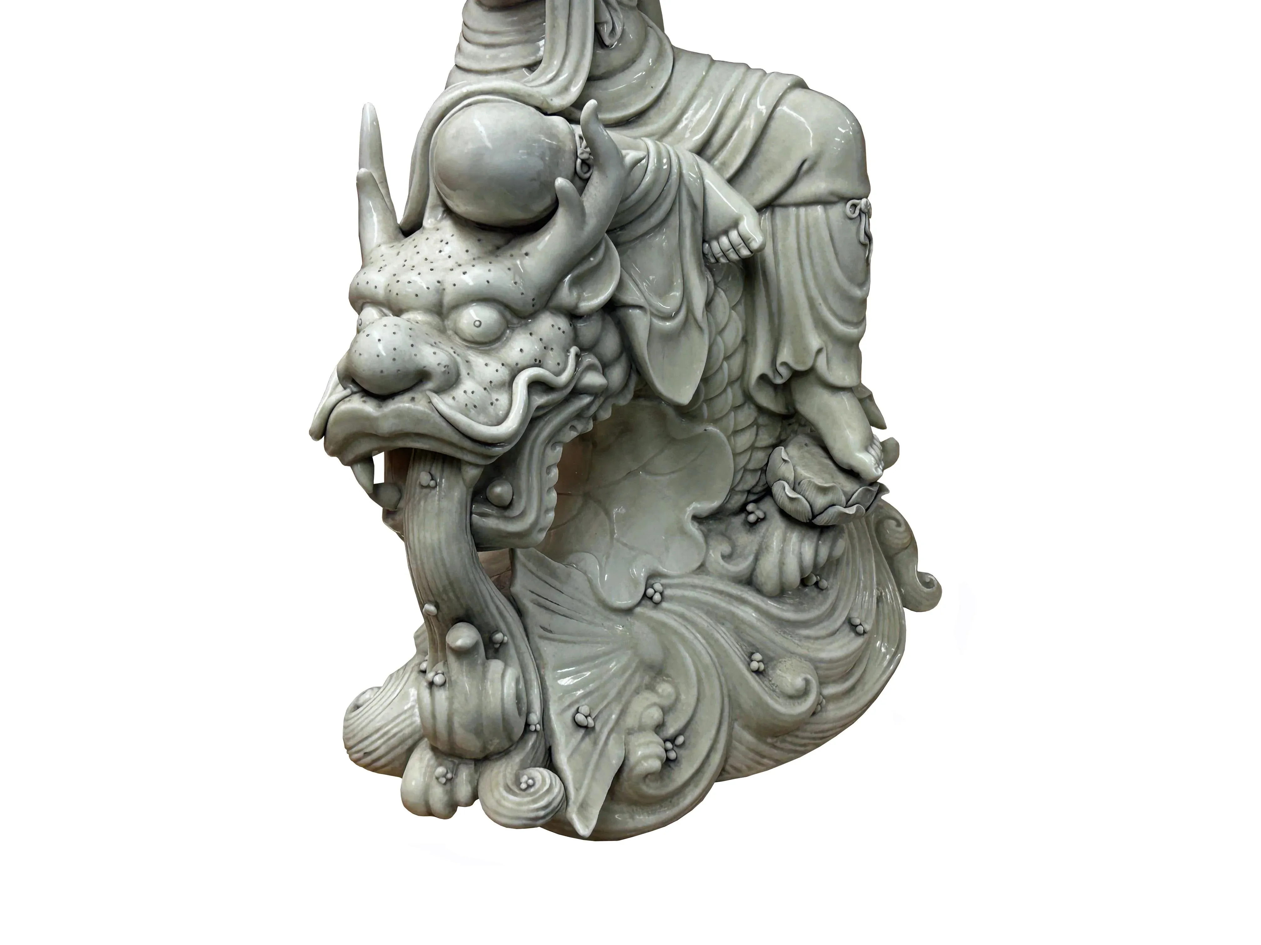 Chinese Handcrafted GuanYin Bodhisattva on Dragon White Porcelain Statue