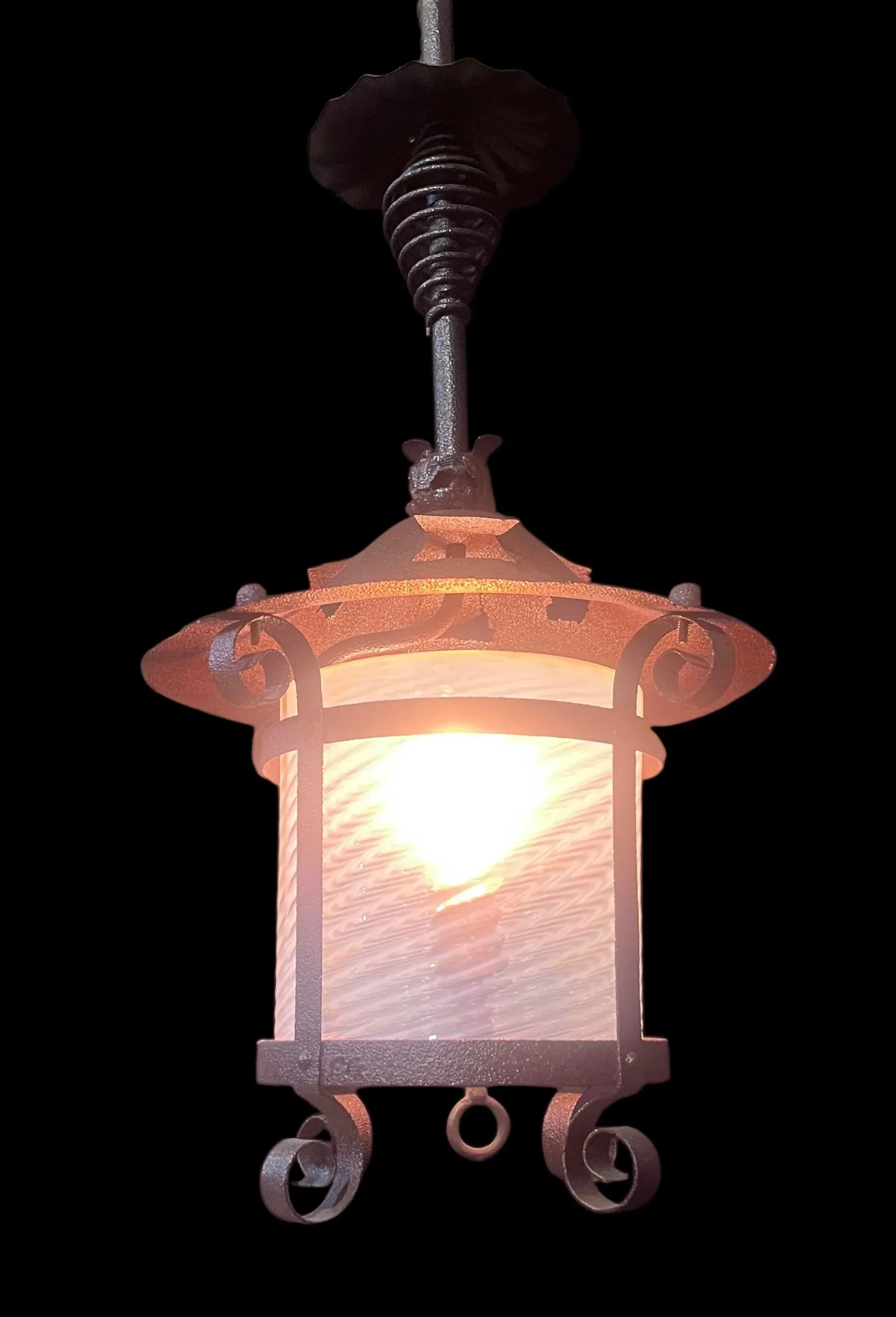 Late 19th Century Dark Cast Iron Pendant Light With Light Blue Shade