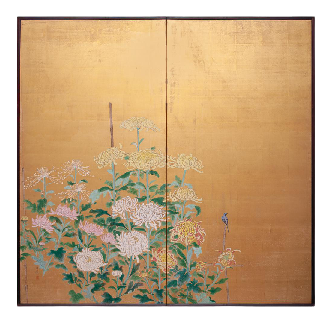 Taishō Era Large Gold Leaf Japanese Screen "Chrysanthemums and a Blue