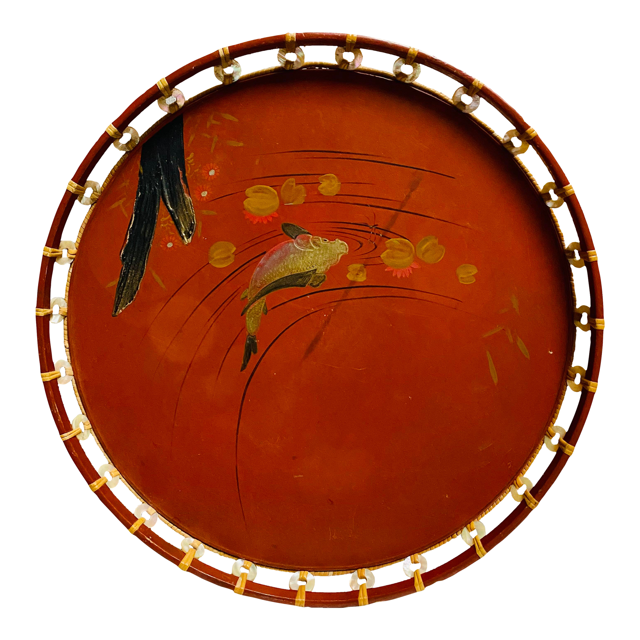 1930’s Japanese Hand Painted Fish Lacquered Tray Mother of Pearl Trim