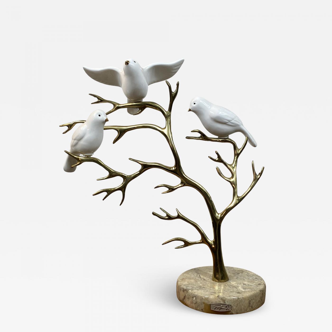 1980s Signed Bijan Ceramic Birds and Brass Tree Sculpture