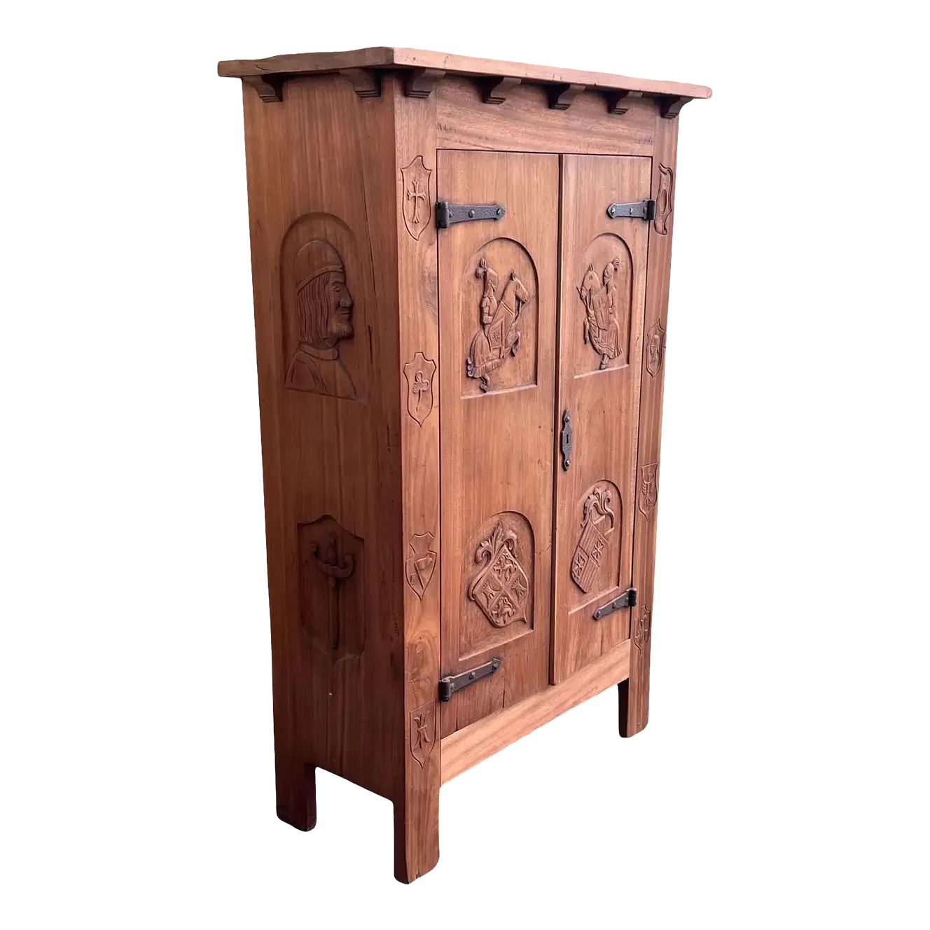 Spanish Gothic Style Walnut Entry Wardrobe With Five Hangers and Carvings