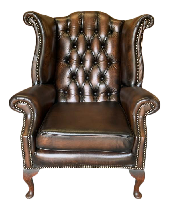 Vintage MidCentury English Leather Chesterfield Wingback Chair, Brown