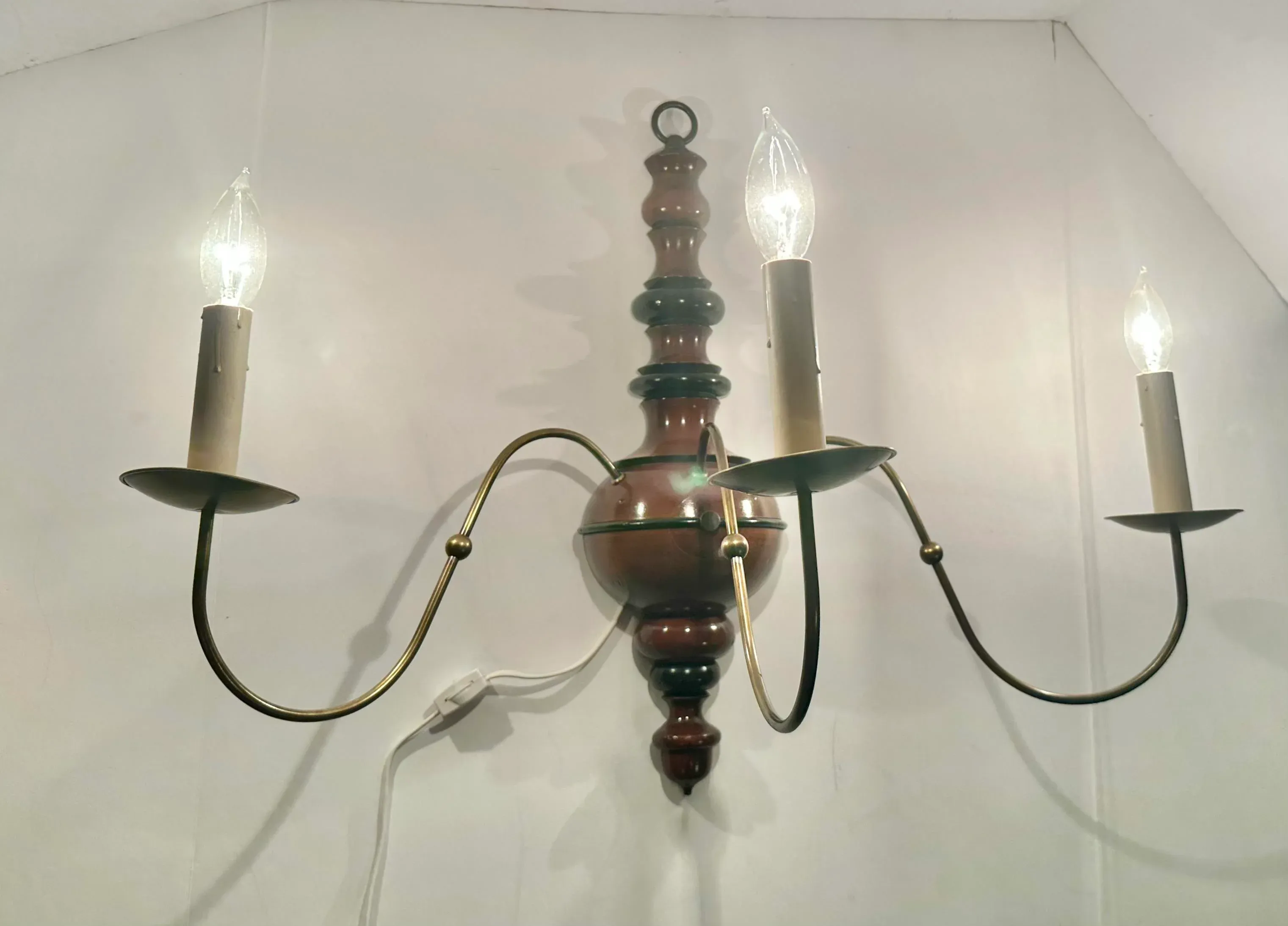 1970s Vintage Federal Style 3-Light Wood and Brass Plug-In Sconce With Shades