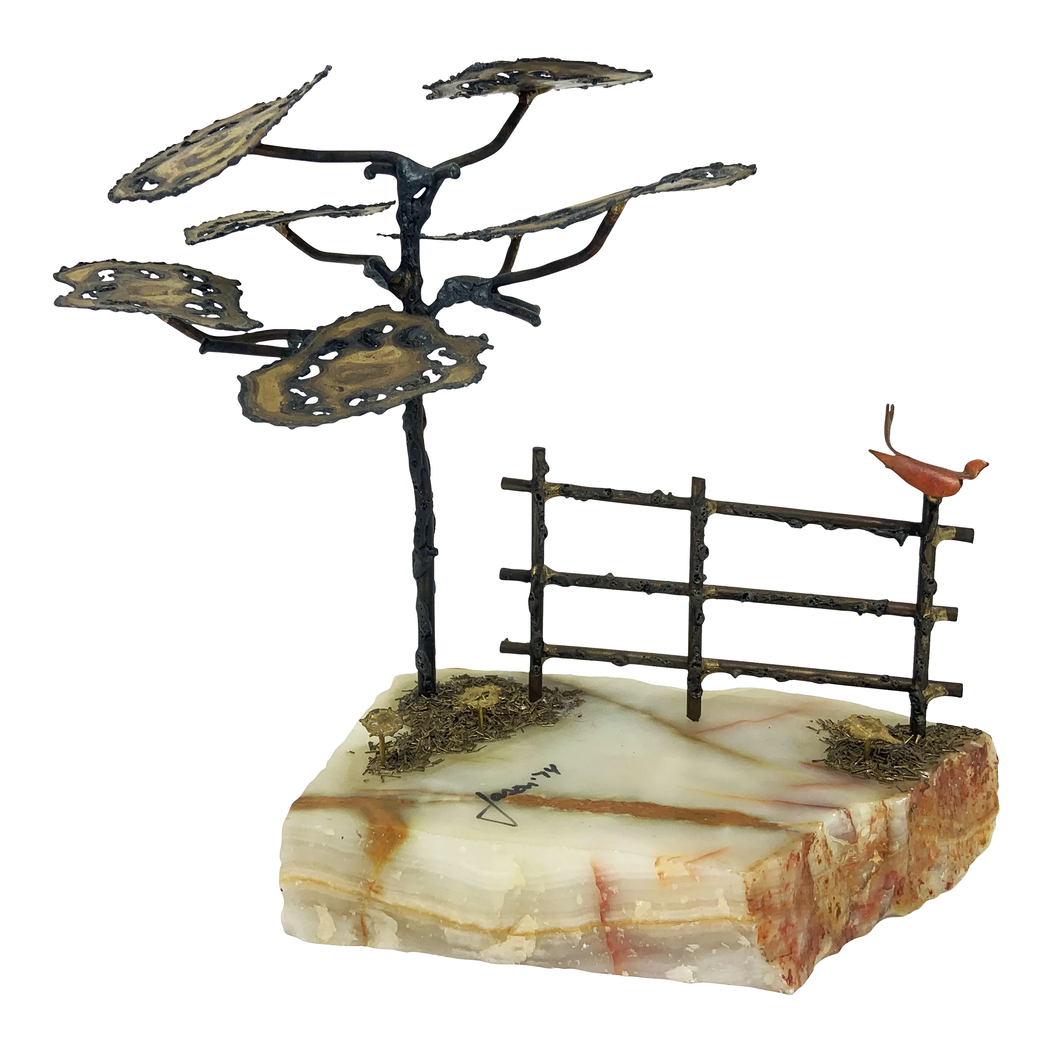 1970's Brutalist Metal and Marble Sculpture Tree Bird on