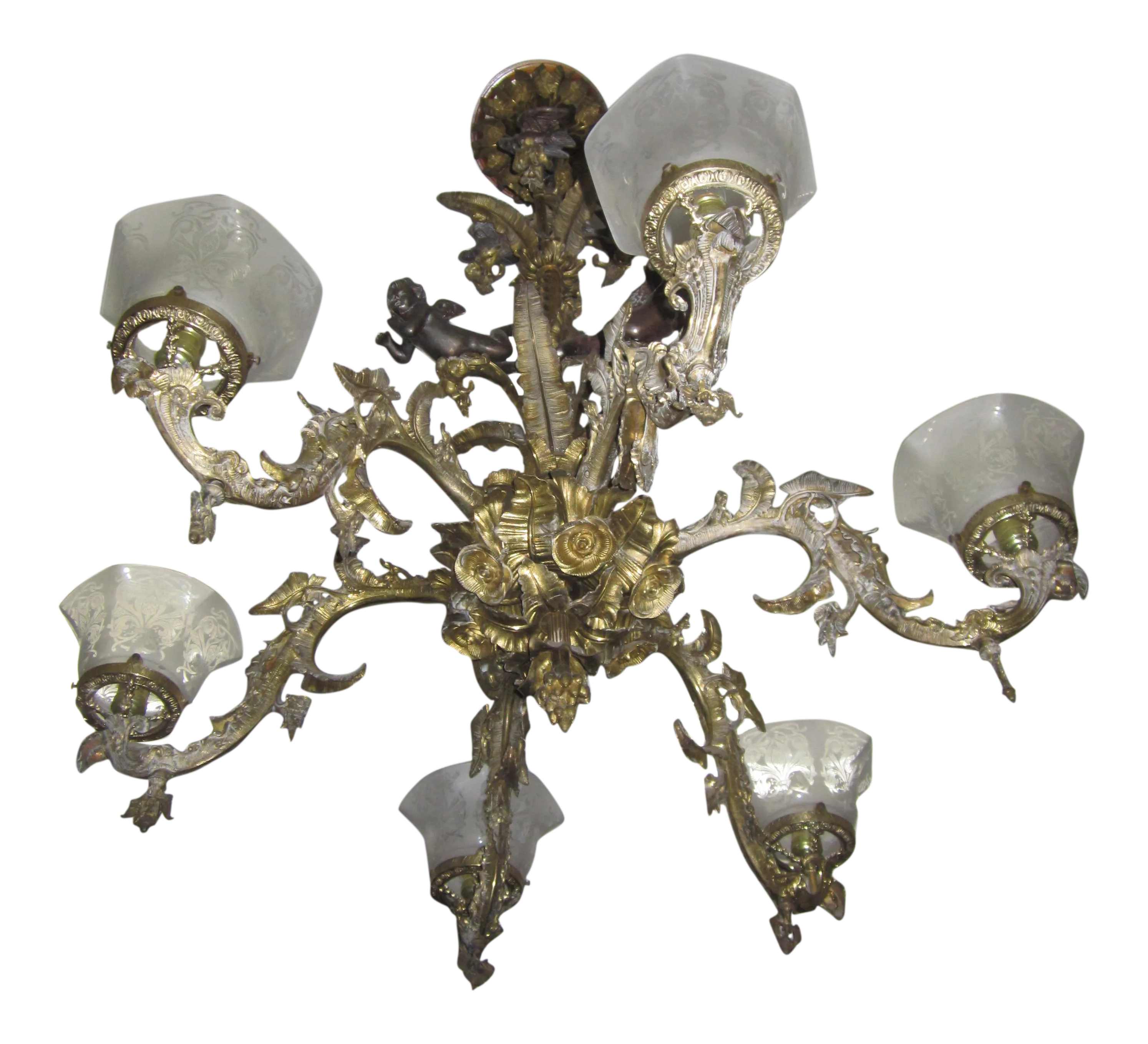 1840s Large American Gilt Bronze Six Arm Gasolier by Cornelius