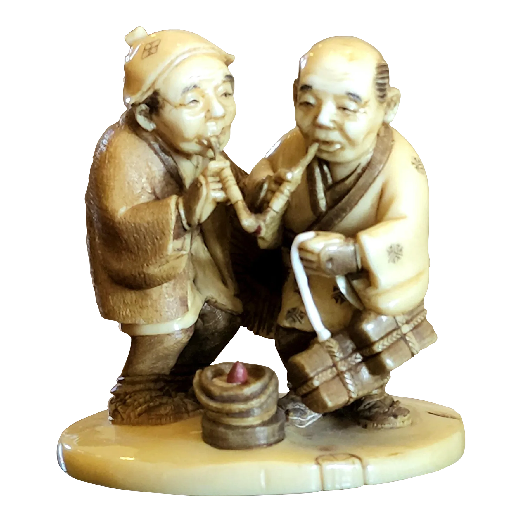 Antique Exquisite Hand Carved Netsuke Figurine of Two Men Travelers