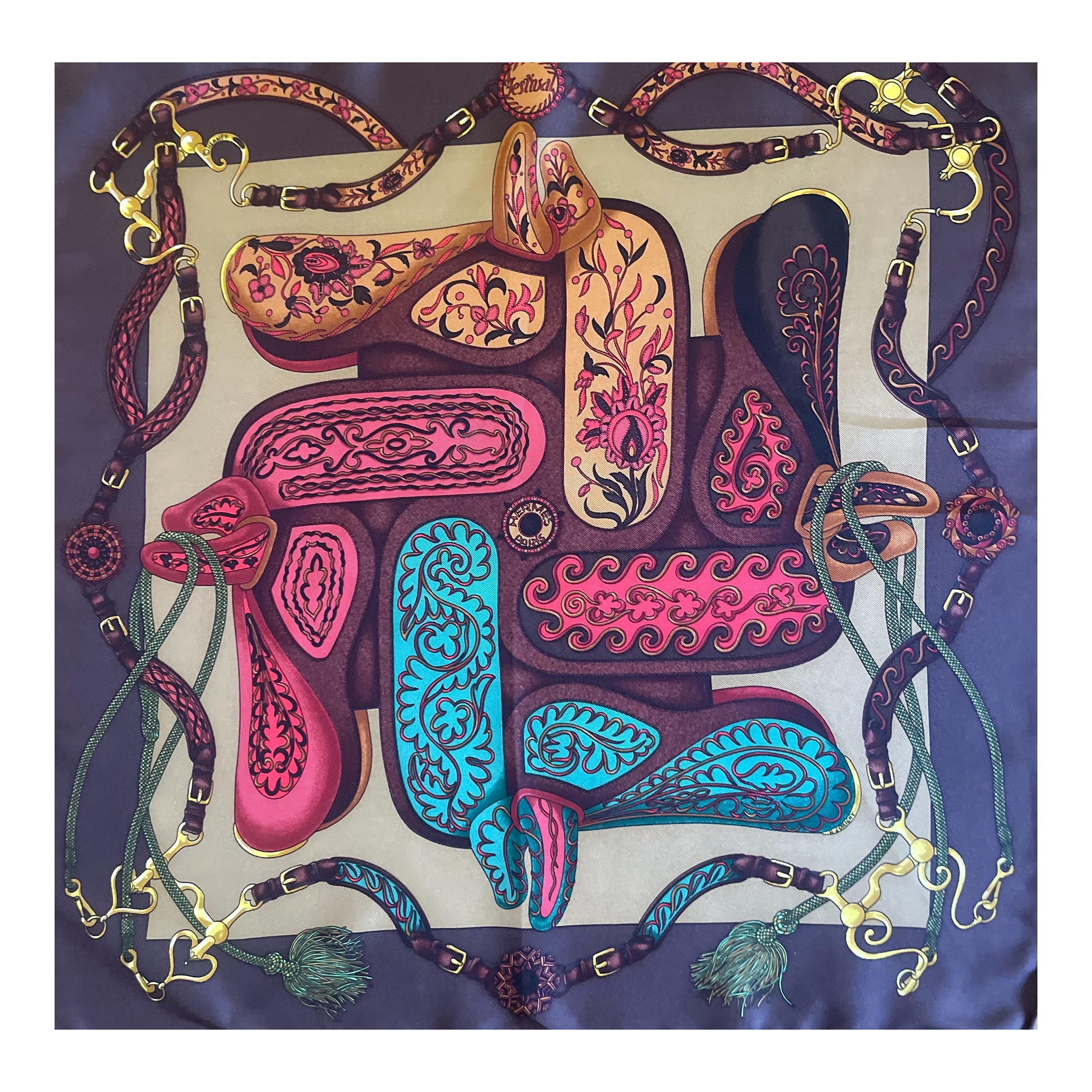 HERMÈS　エルメス　ヴィンテージスカーフ　フェスティバル柄 Hermès Gavroche Scarf “Festival” 1992 | Chairish