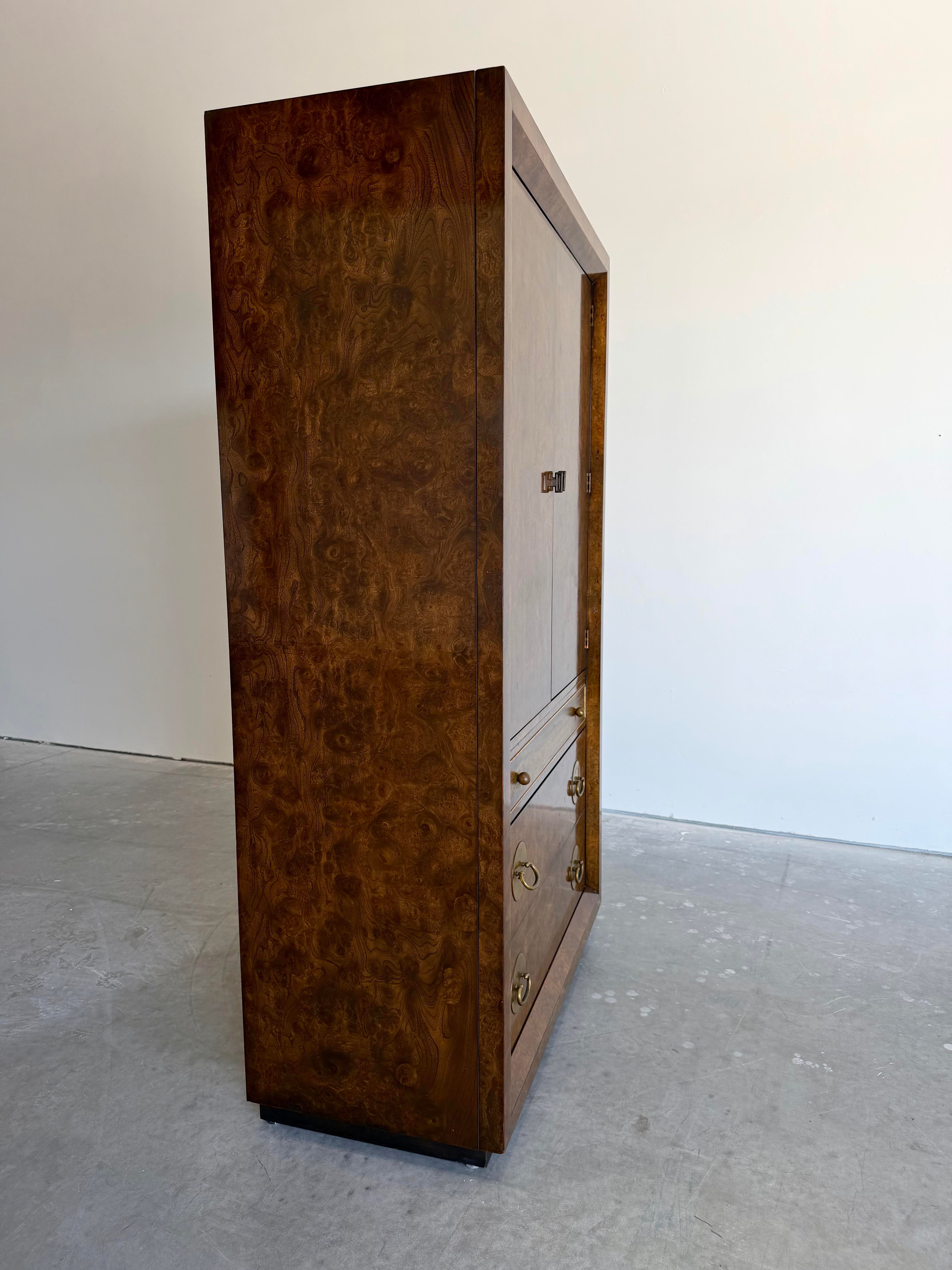 Vintage 1970’s Mastercraft Attributed Burlwood Armoire Cabinet With Etched Brass