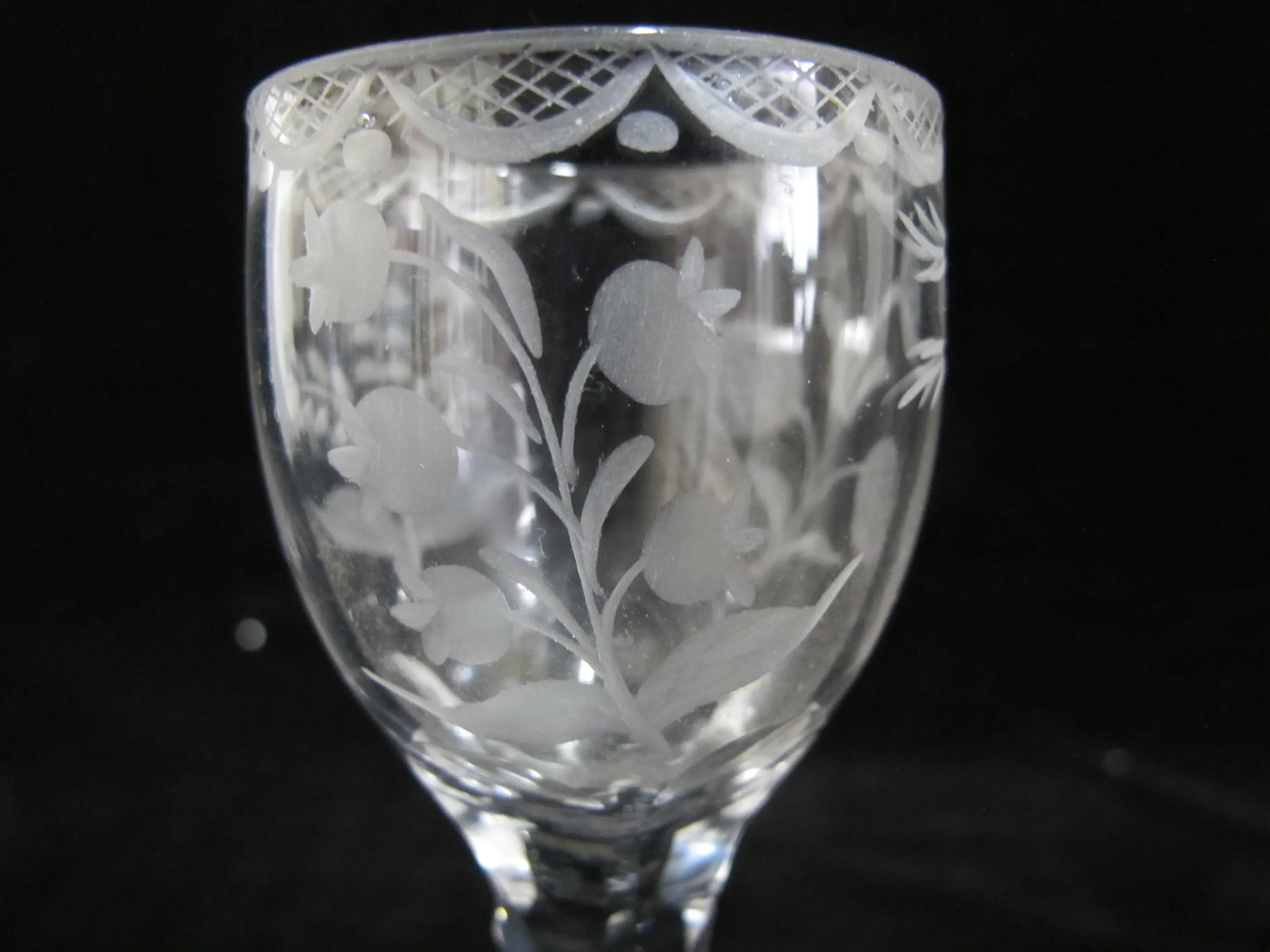 Antique 18th Century Etched Leaves & Flowers Facet Cut Wine Mead Glass Goblet