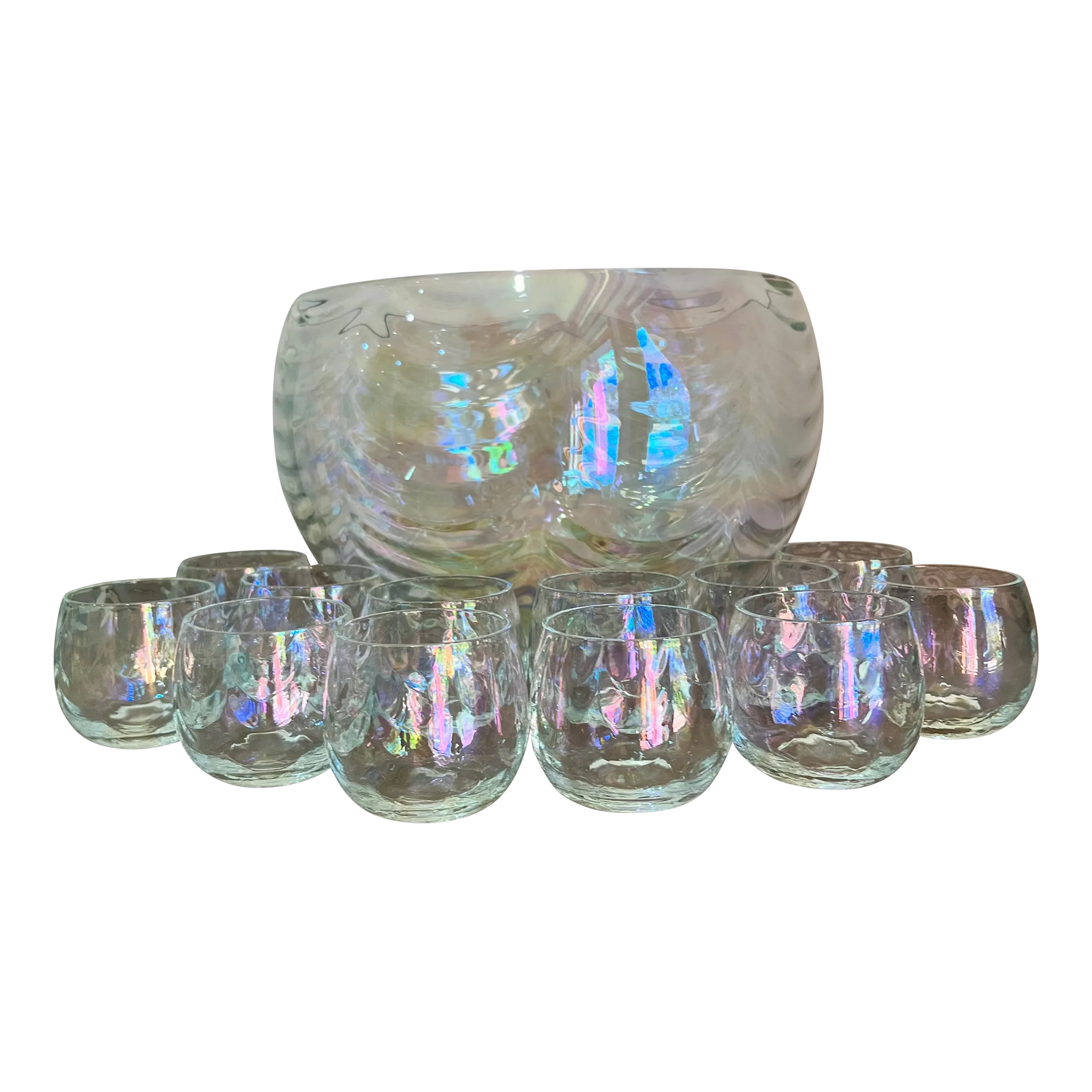 Vintage-Mid Century Draping Iridescent Glass 13 Piece Punch Bowl Set